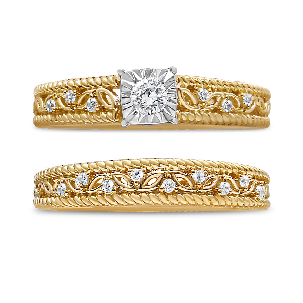 14K Yellow Gold Plated .925 Sterling Silver 1/5 Cttw Diamond Art Deco Style Engagement Ring Bridal Set (I-J Color, I3 Clarity) - Ring Size 7 DestGlow