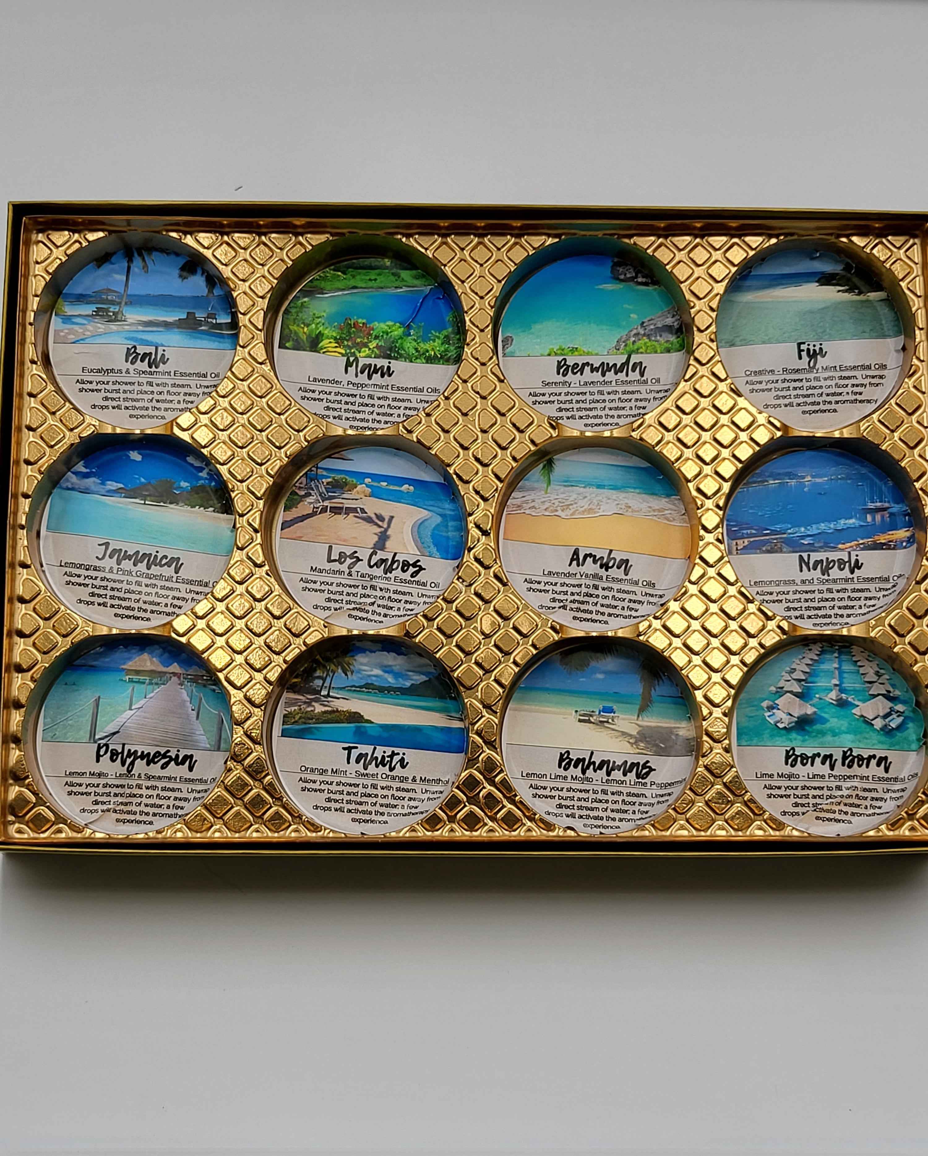 Destination Shower Steamers Gift Set with 12 Aromatherapy Shower Bombs - 100% Essential Oil Blends - fun - summery scents
