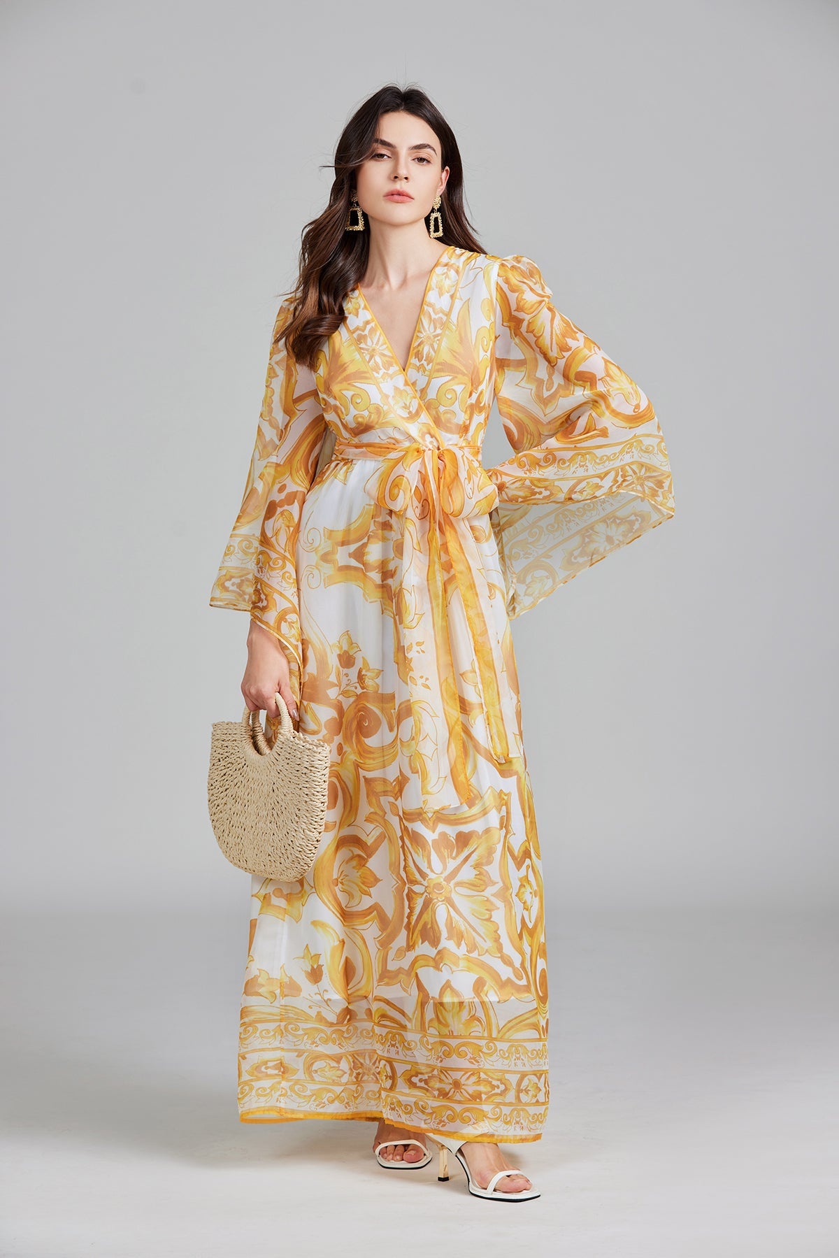 Women Spring And Autumn Belt Printed Long Dress by Ragazza