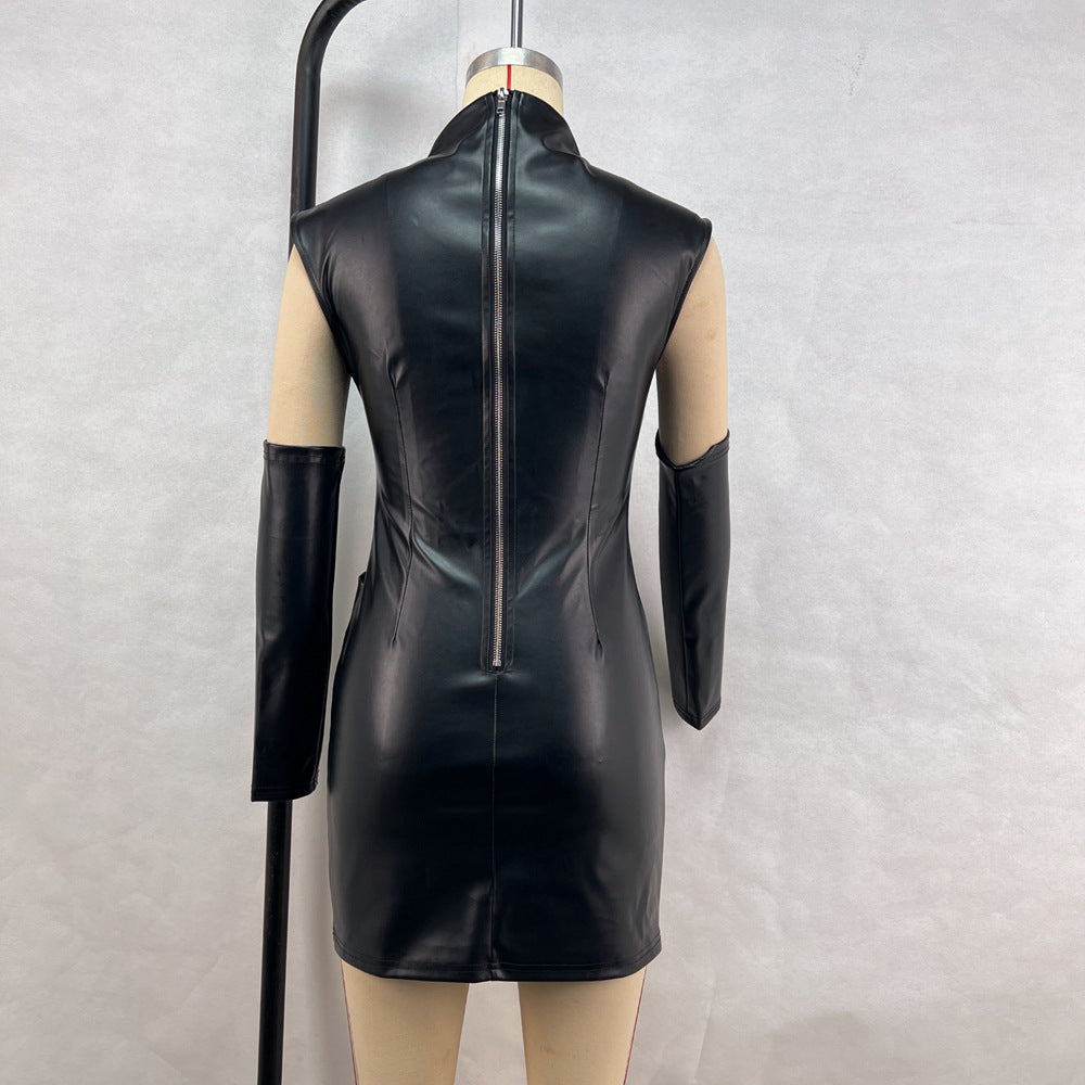 Women Clothing Street Hipster Faux Leather Stand Collar Sleeveless Oversleeve Sheath Pleated Dress by Ragazza