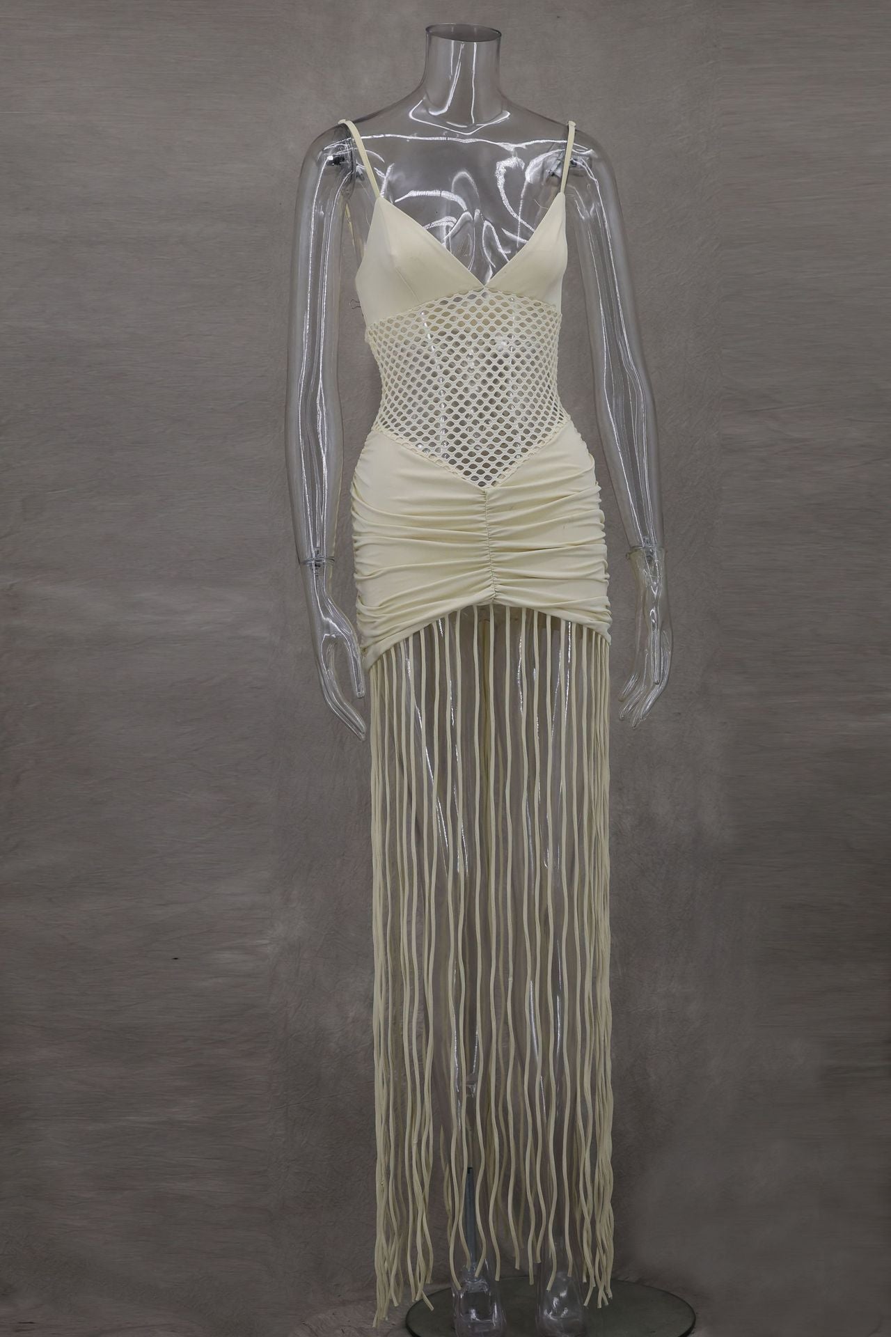 Spring Summer Suspenders Mesh Cropped Outfit Sexy Ruffle Hip Tassel Dress by Ragazza