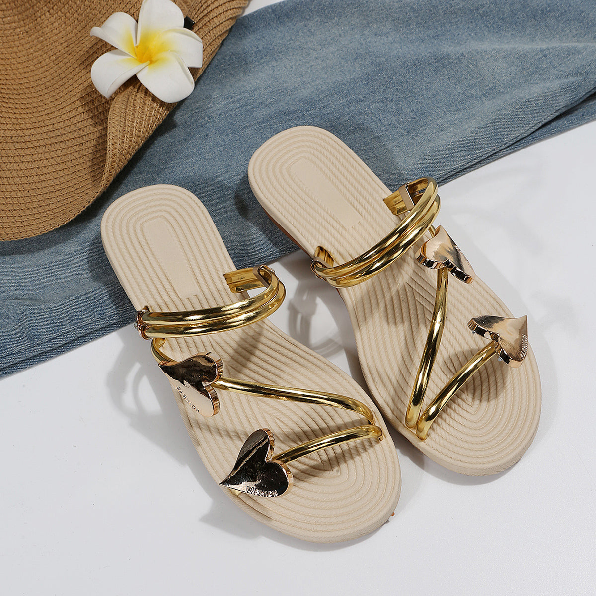 Women Sandals Open Toe Non Slip Sandals Outer Wear Mini Heart Shaped Flat Sandals Slides DestGlow