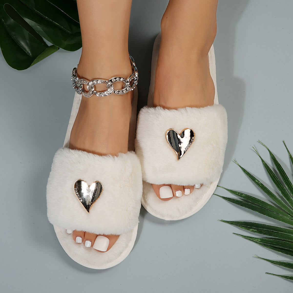 Fluffy Slippers Heart-Shaped Flat Slippers Women Home Casual Anti Rabbit Fur Cotton Slippers Women DestGlow