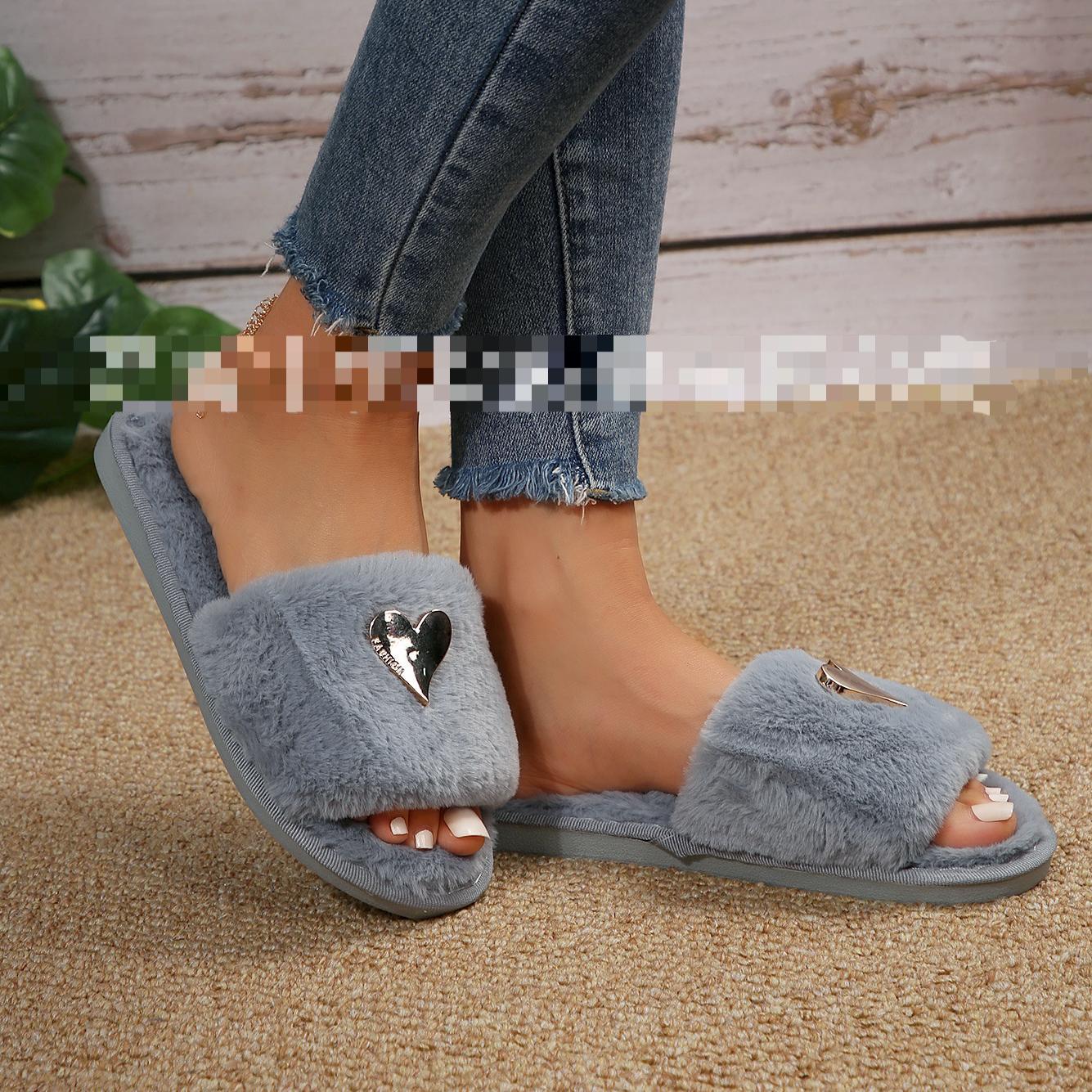 Fluffy Slippers Heart-Shaped Flat Slippers Women Home Casual Anti Rabbit Fur Cotton Slippers Women DestGlow