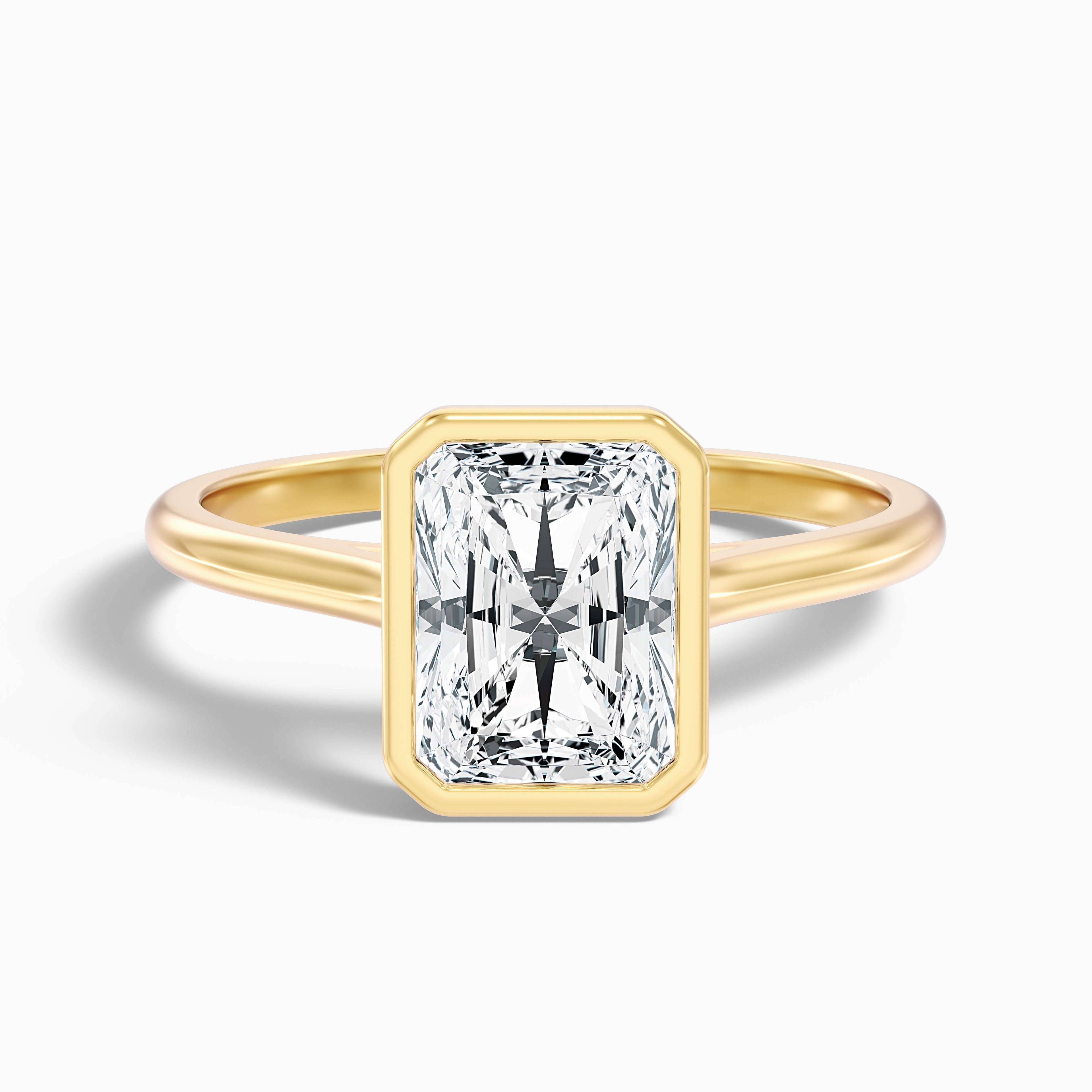Emery 5.5 Carat Radiant Cut Bezel Set Solitaire Moissanite Engagement Ring in 18k Yellow Gold DestGlow
