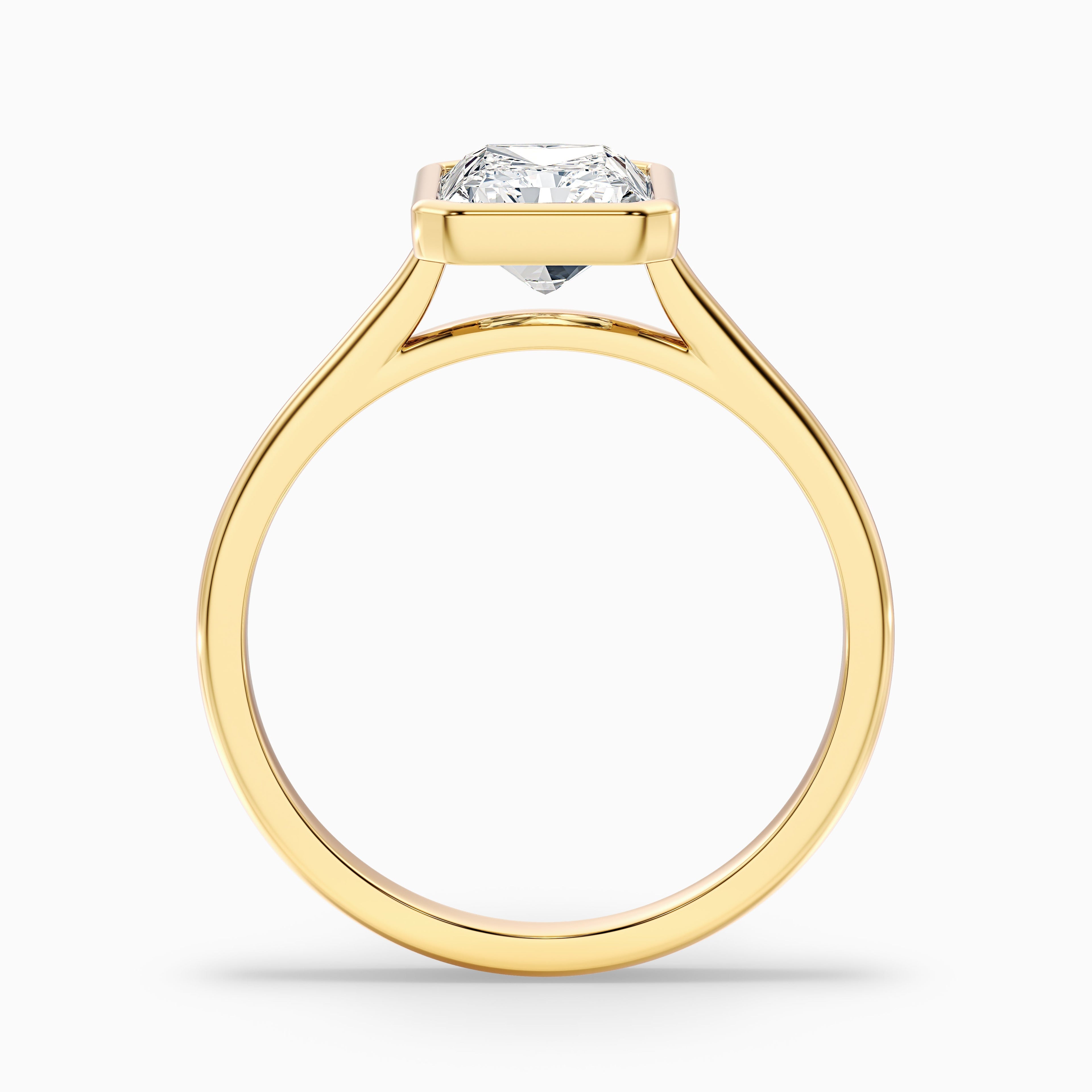Emery 3 Carat Radiant Cut Bezel Set Solitaire Moissanite Engagement Ring in 18k Yellow Gold