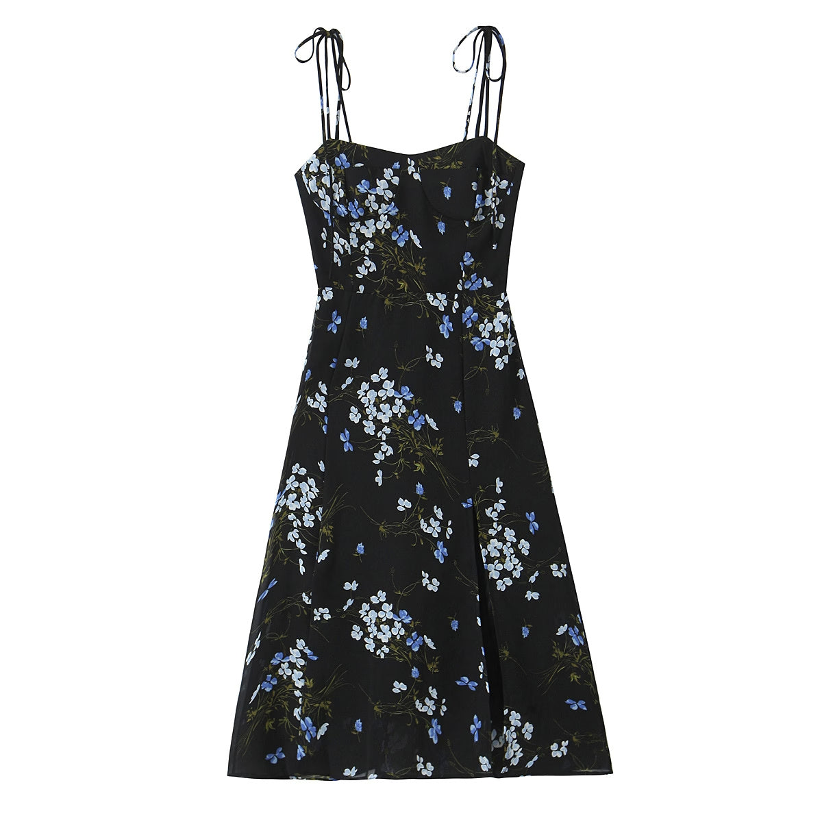 Spring French Vintage Floral Printed High Waist Sexy Side Split Hem Sling Dress by Ragazza