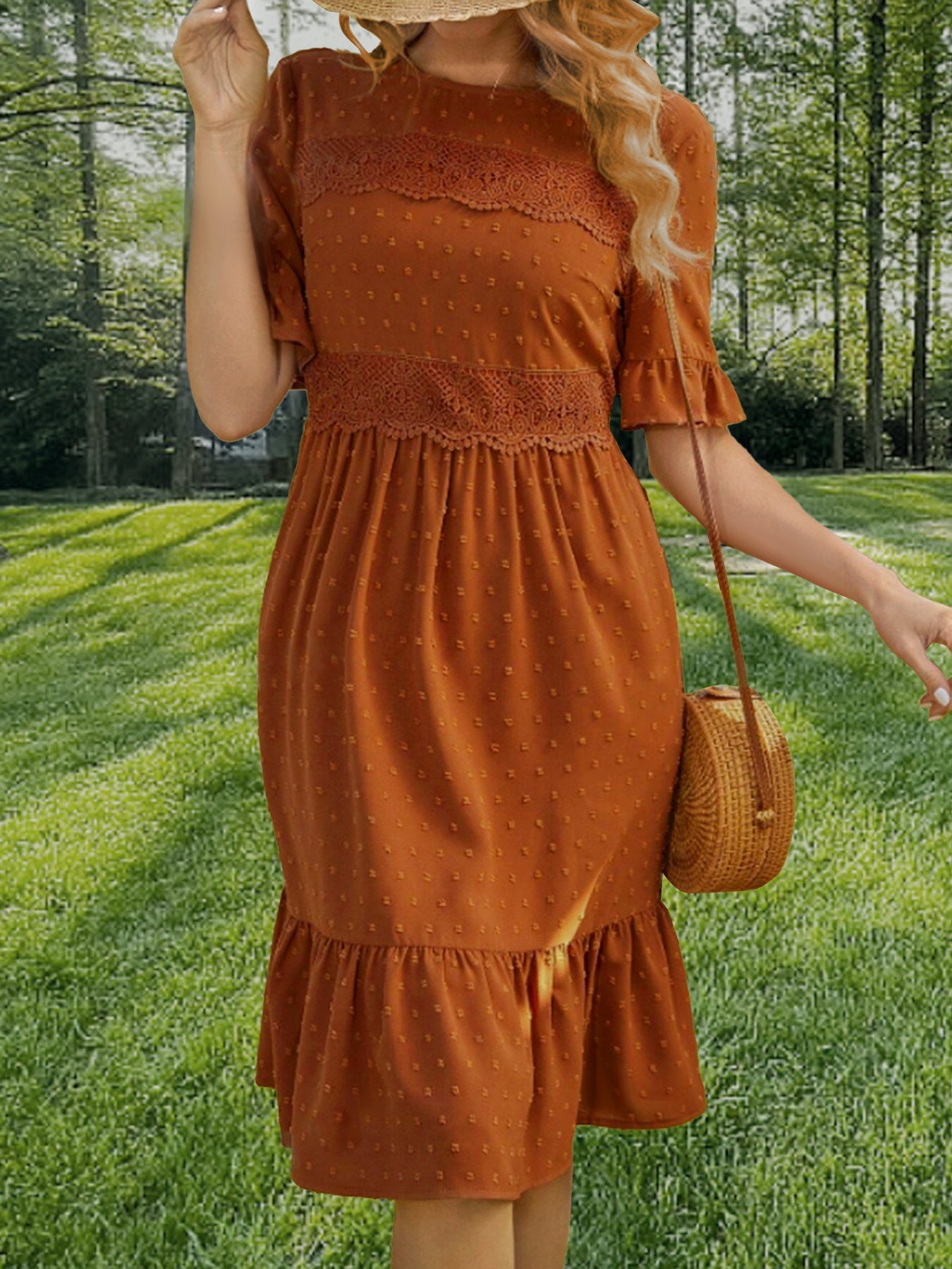 Spring Summer Women Lace Stitching Solid Color round Neck Ruffle Sleeve Dress by Ragazza