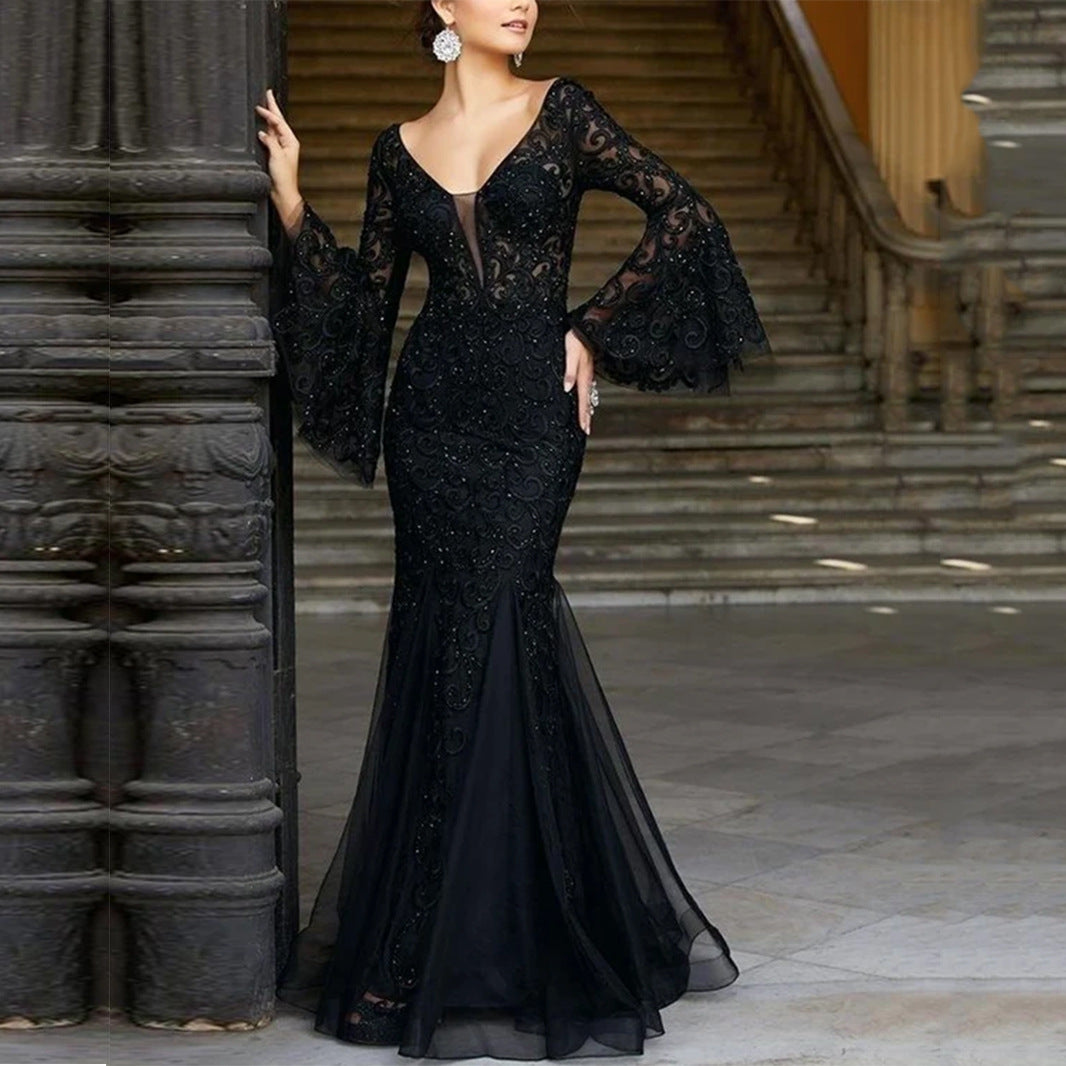 Arrival Women Clothing Dress Lace Embroidered Fishtail Black Slim Fit Evening Dress by Ragazza