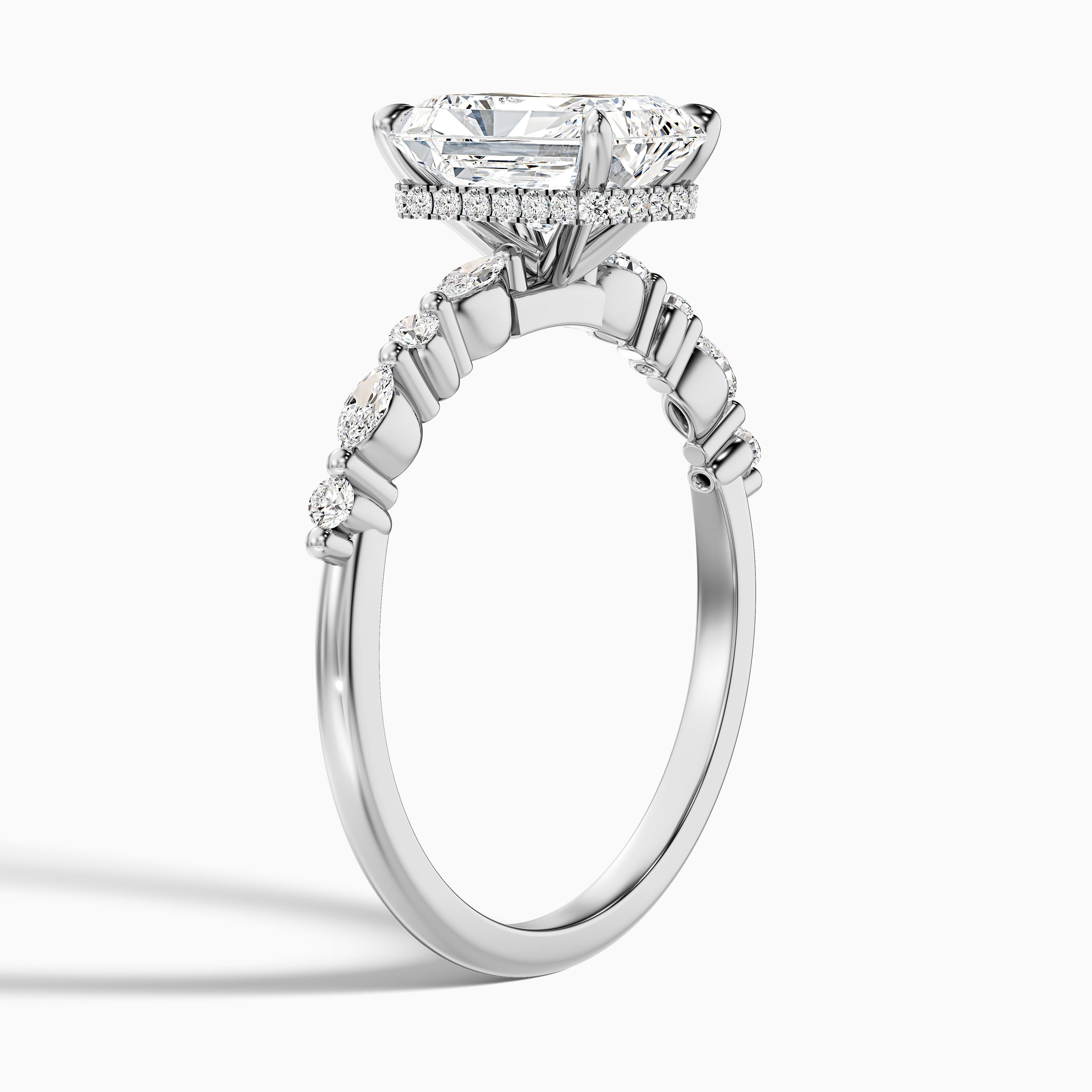 Gloria 5 Carat Radiant With Side Stone Hidden Halo Lab Grown Diamond Ring in 10k Rose Gold