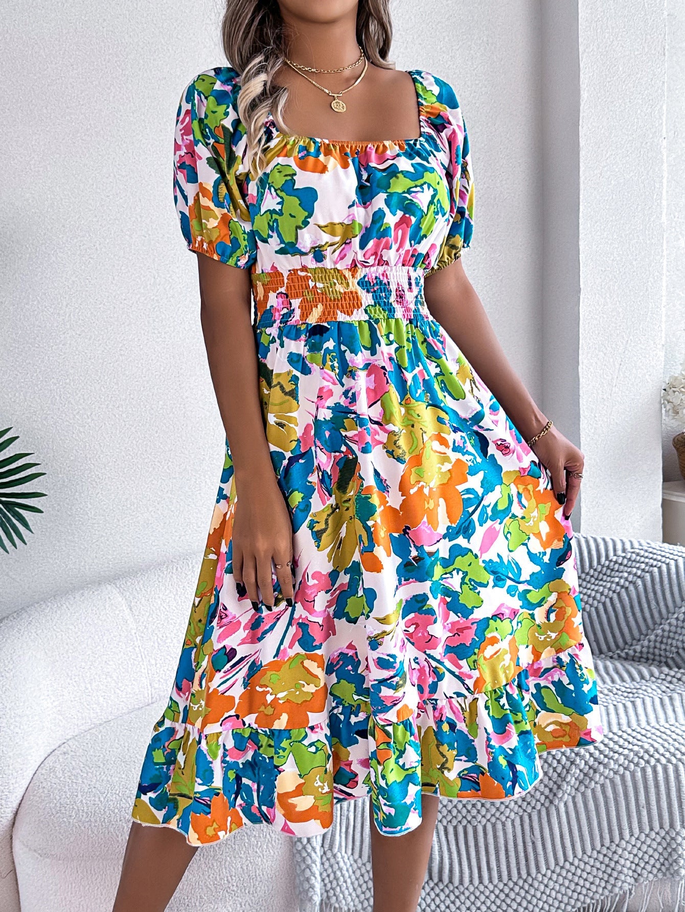 Spring Summer Casual Floral Square Collar Short Sleeve Waist Trimming Ruffles A line Dress Women Clothing by Ragazza