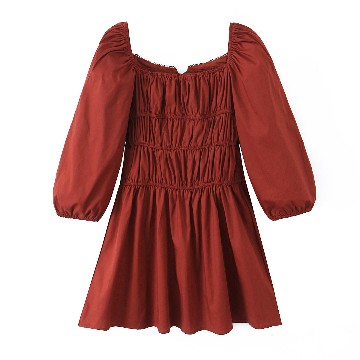 Square Collar Lace Elastic Pleated Waist Tight Ninth Sleeve Spring Slim Fitting Dress by Ragazza