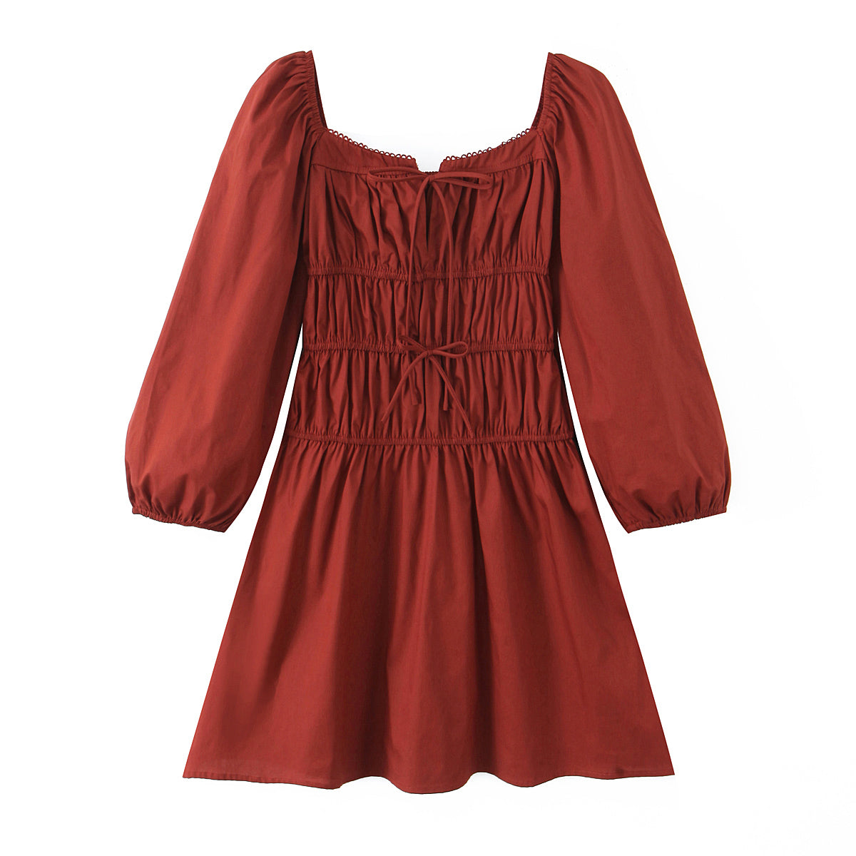 Square Collar Lace Elastic Pleated Waist Tight Ninth Sleeve Spring Slim Fitting Dress by Ragazza
