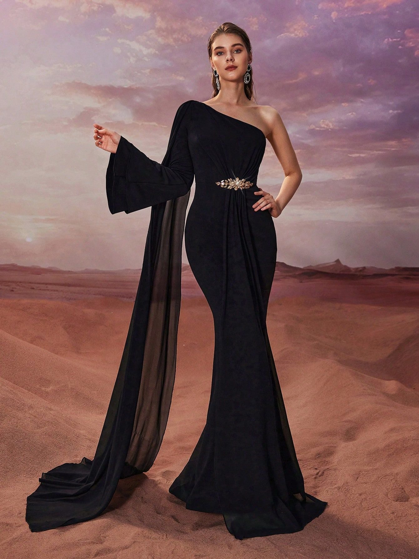 Women Evening Dresses Elegant Graceful One Shoulder Chiffon Super Long Sleeve Applique Fishtail Dress by Ragazza