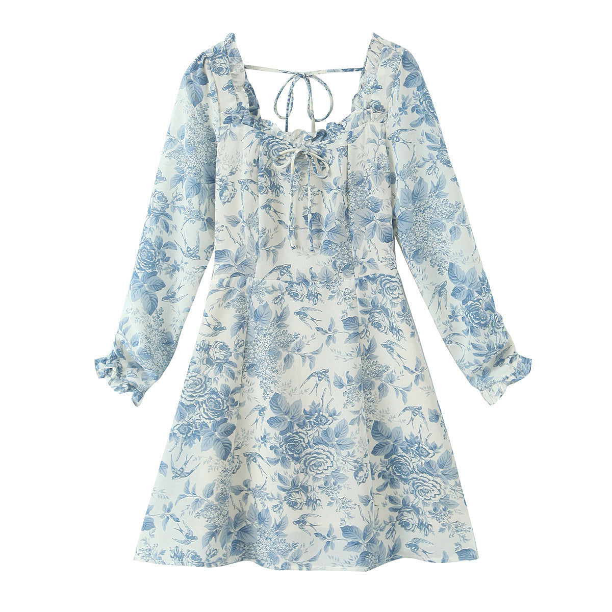 Spring Bird Floral Print Small Square Collar Backless Lace up Long Sleeve Dress by Ragazza