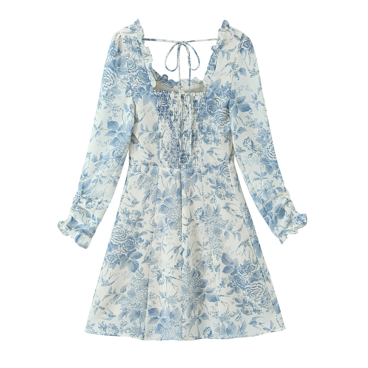 Spring Bird Floral Print Small Square Collar Backless Lace up Long Sleeve Dress by Ragazza