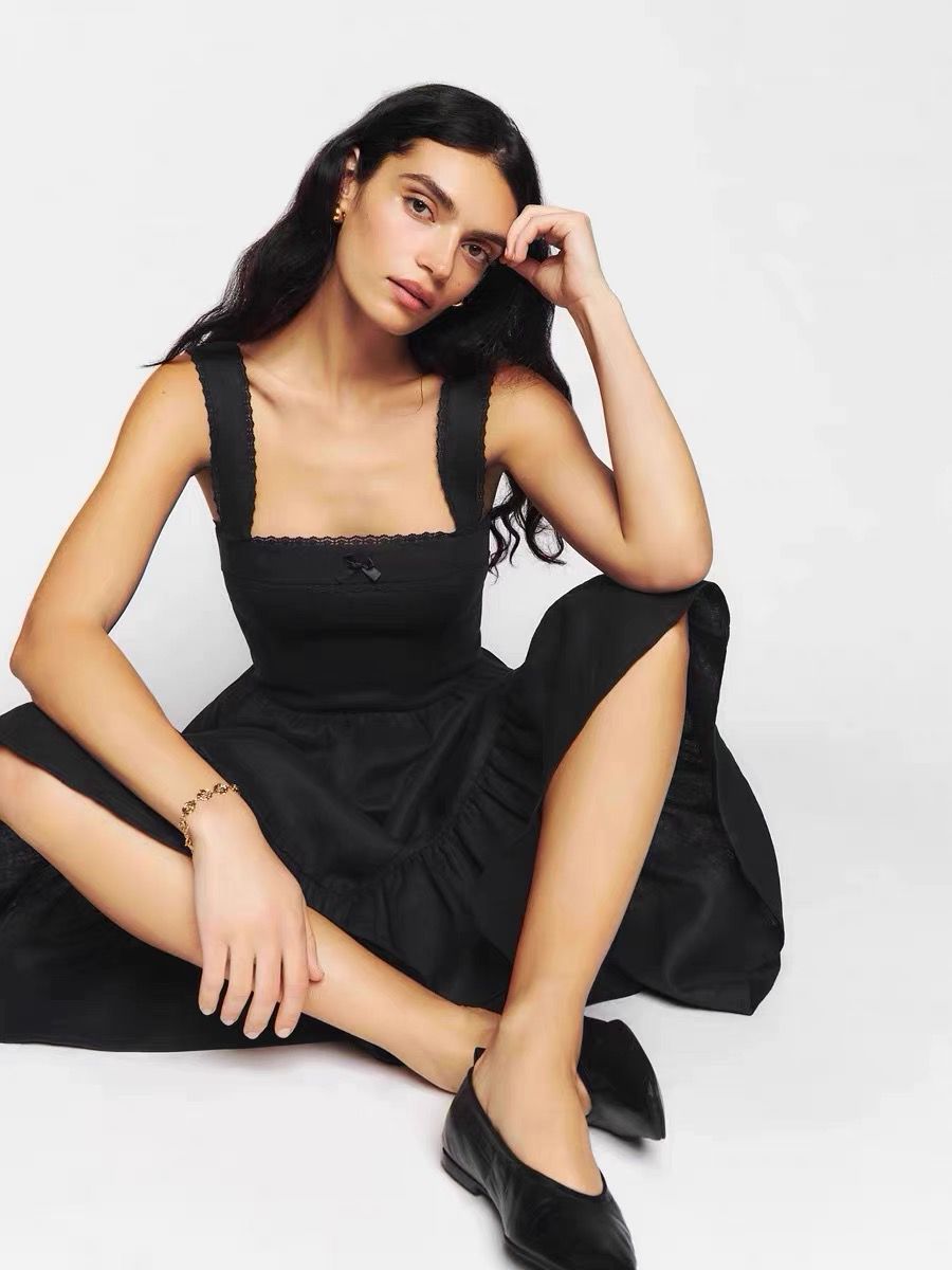 Spring Solid Color Square Collar Bow Embellished Lace Strap Dress by Ragazza