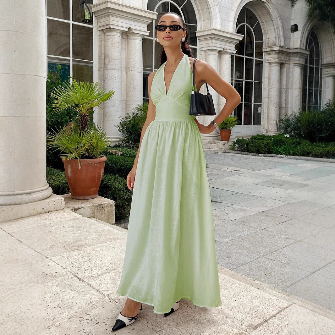 Pure Cottom Maxi Dress Spring Summer Tight Waist V neck Lace up Long Dress Large Swing Dress Women by Ragazza