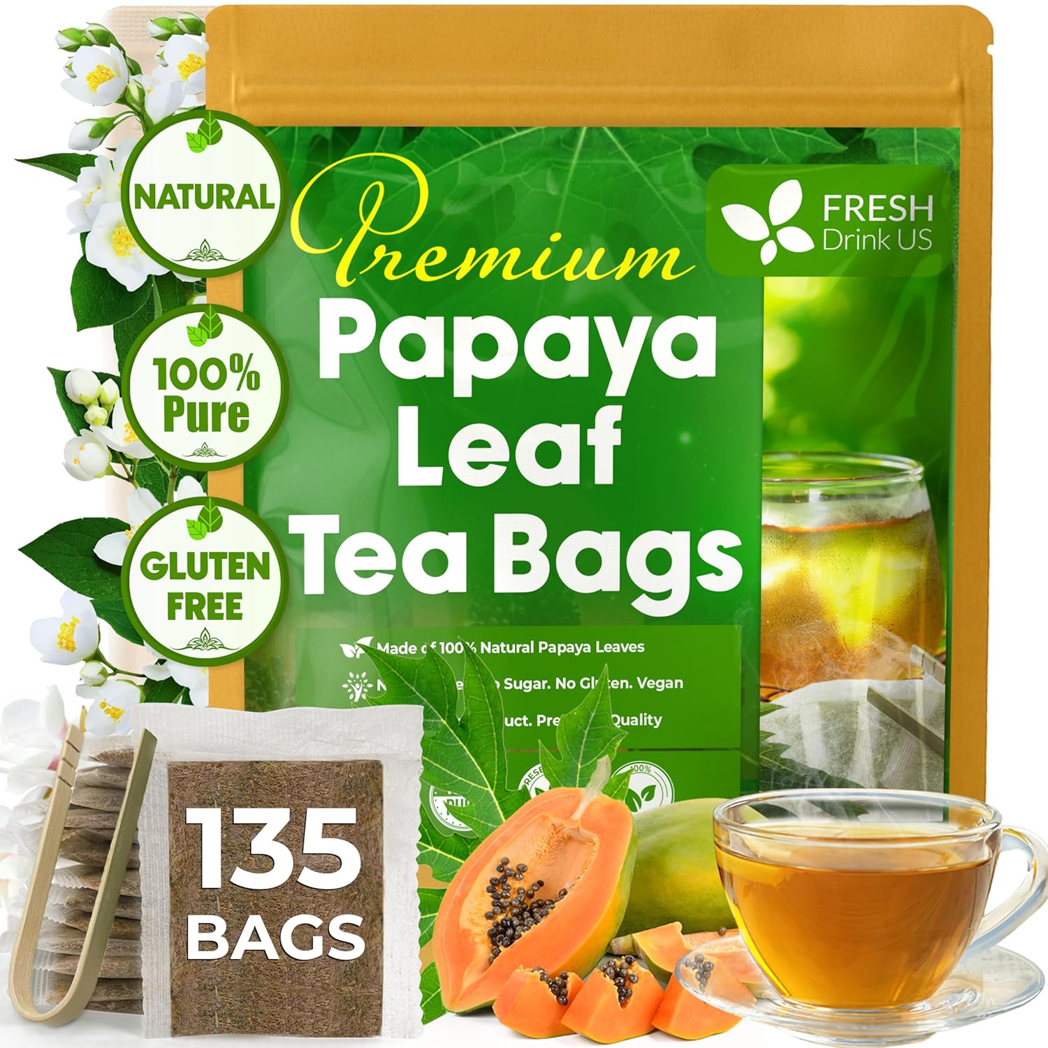 Premium Papaya Leaf Tea Bags, Made with Natural Material Tea Bags. No Sugar, No Caffeine, No Gluten, Vegan. by FreshDrinkUS - Natural and Premium Herbal Tea