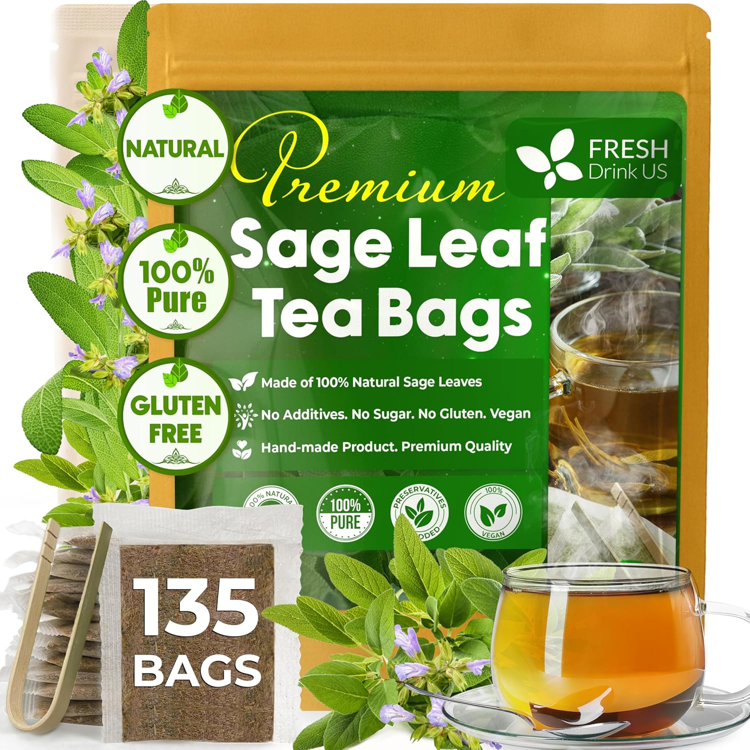 Sage Leaf Tea Bags, 100% Natural & Pure from Sage Leaves. Loose Leaf Sage Herbal Tea. Sage Leaf Tea. Made with Natural Material Tea Bags. No Sugar, No Caffeine, No Gluten, Vegan. by FreshDrinkUS - Natural and Premium Herbal Tea