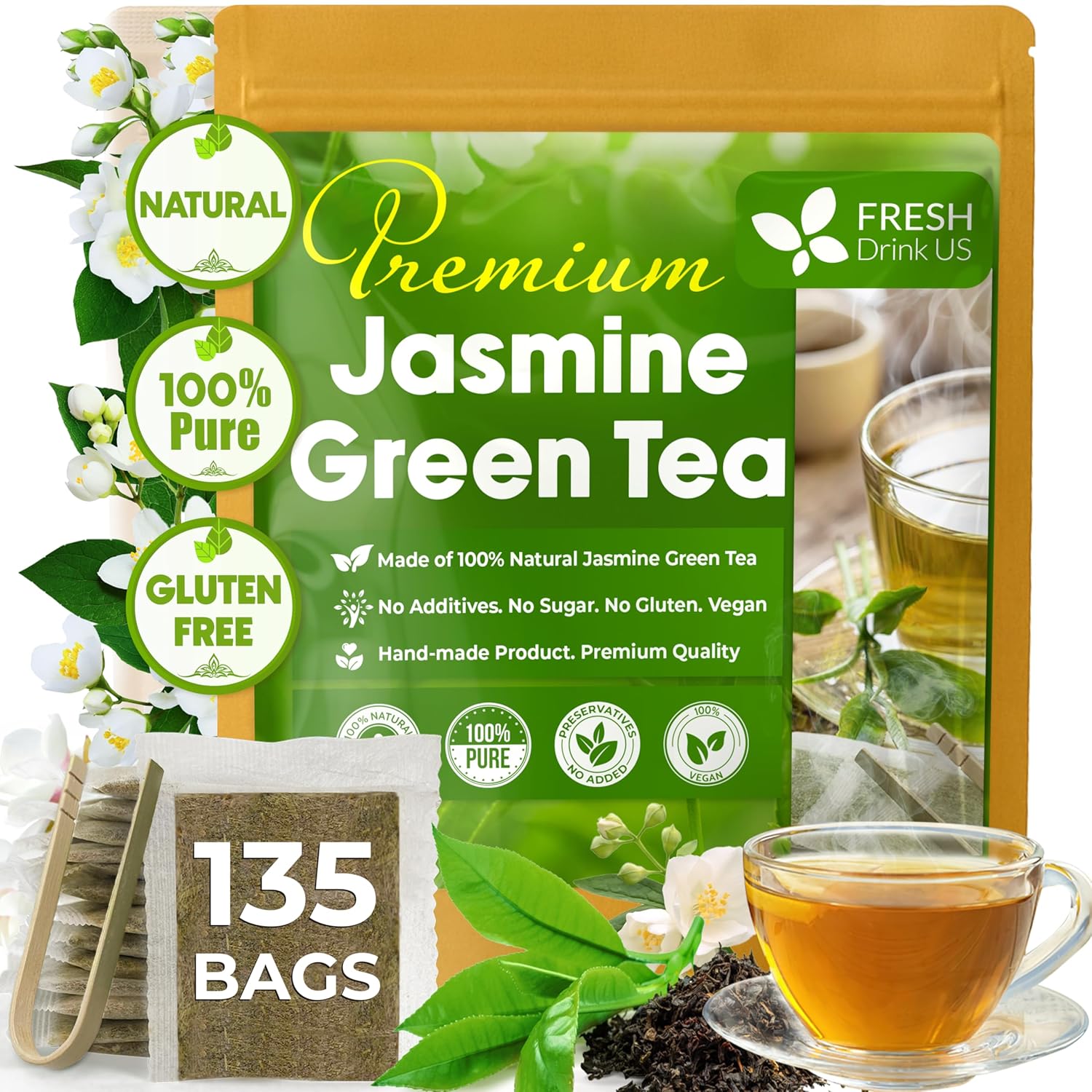 Premium Jasmine Green Tea Bags. Jasmine Green Herbal Tea. Made with Natural Material Tea Bags. No Sugar, No Gluten, Vegan. by FreshDrinkUS - Natural and Premium Herbal Tea