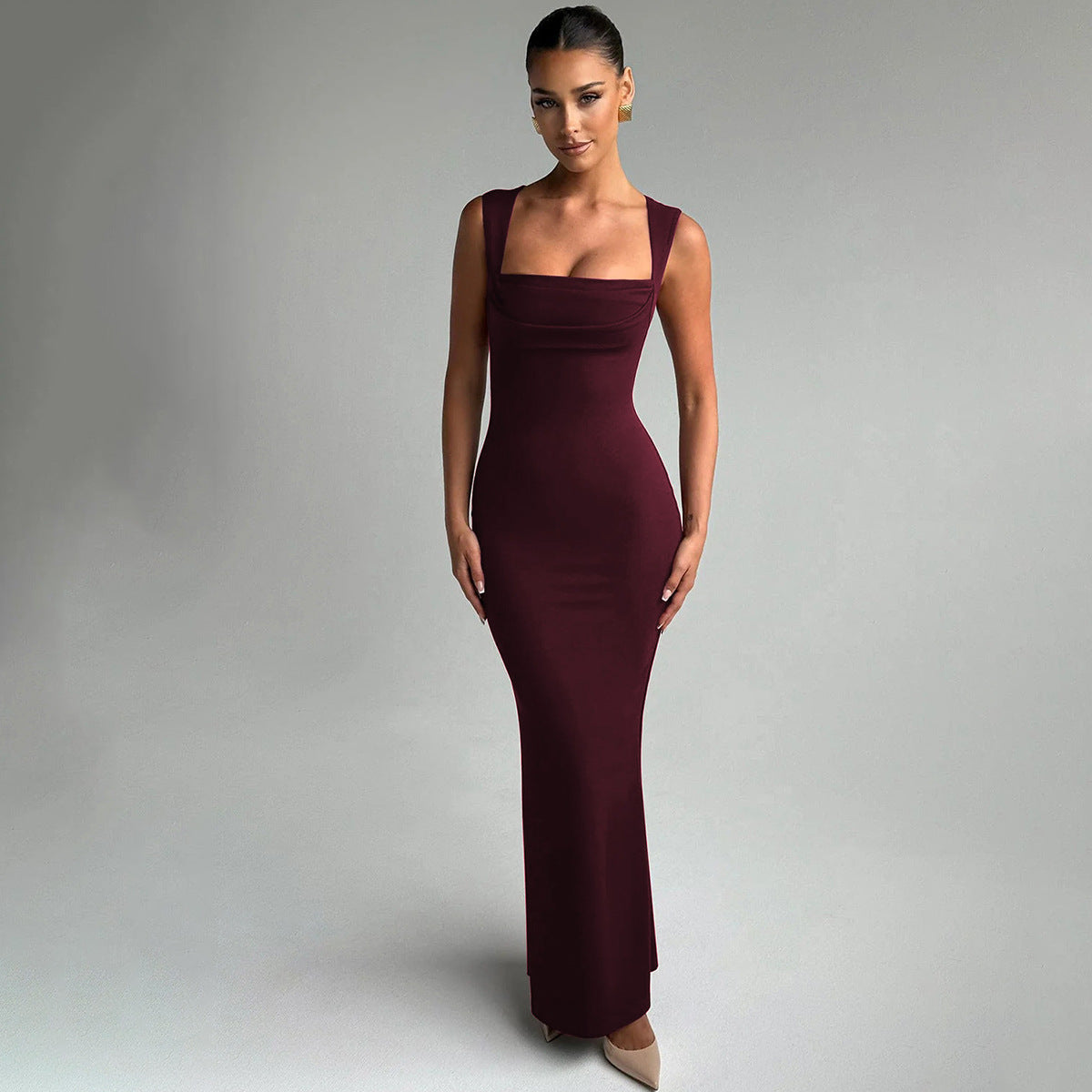 Women Clothing Spring Summer Slim Fit Square Collar Sleeveless Waist Slimming Dress by Ragazza
