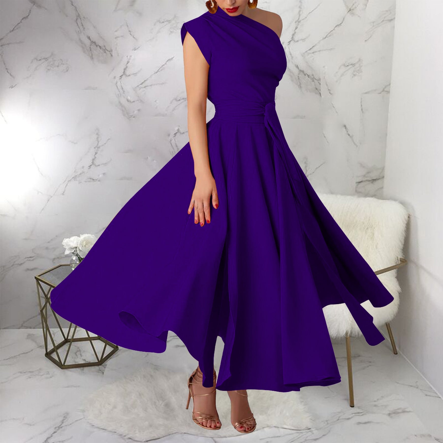 Summer Women Wear Sleeveless Diagonal Collar Solid Color Waist Tight Swing Dress by Ragazza