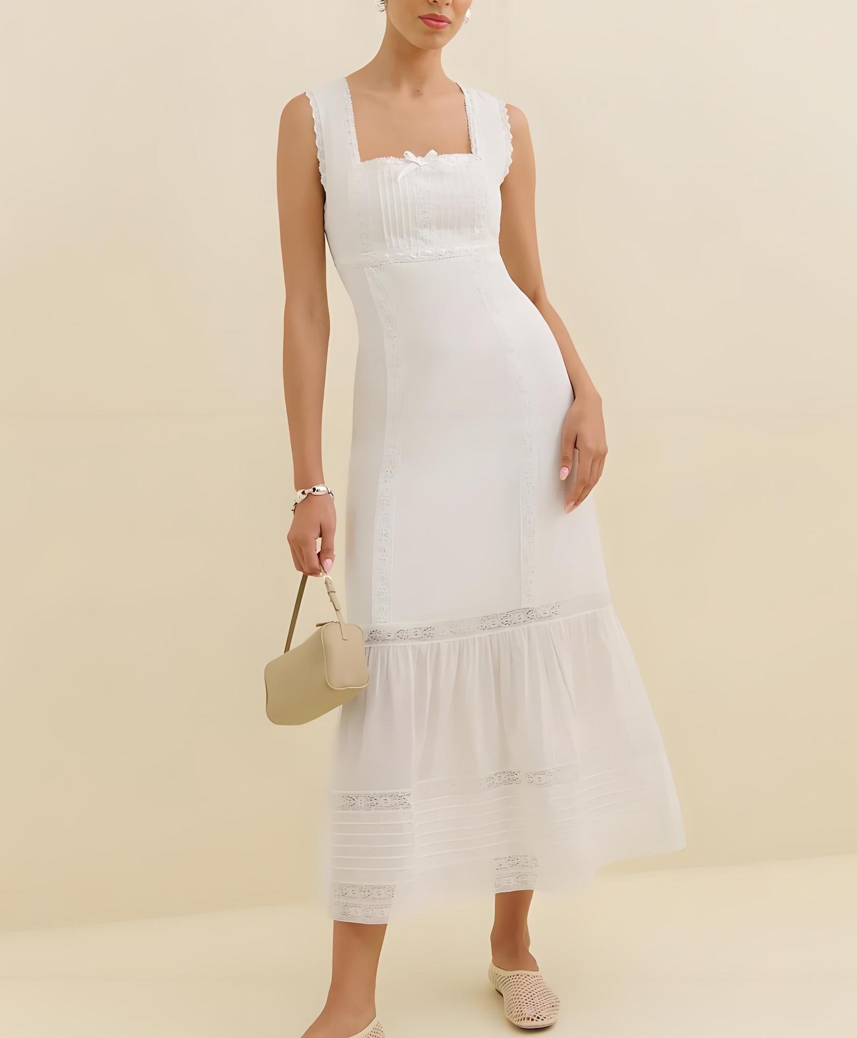 Spring Lace Slim Fit Bow Embellished Square Collar Vest Dress DestGlow