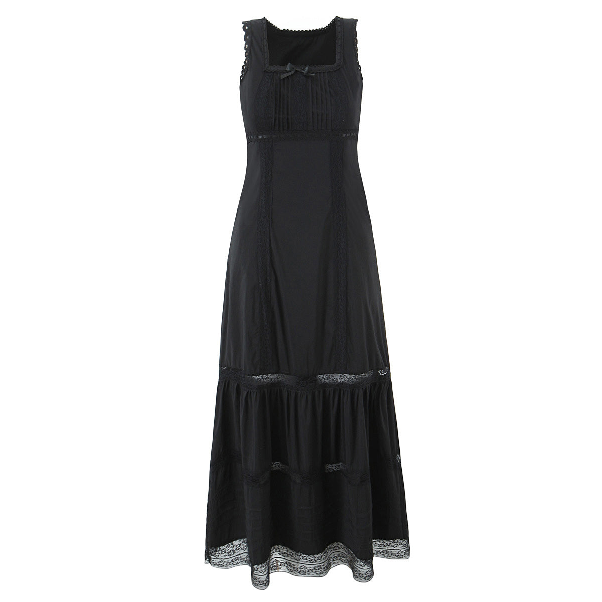 Spring Lace Slim Fit Bow Embellished Square Collar Vest Dress