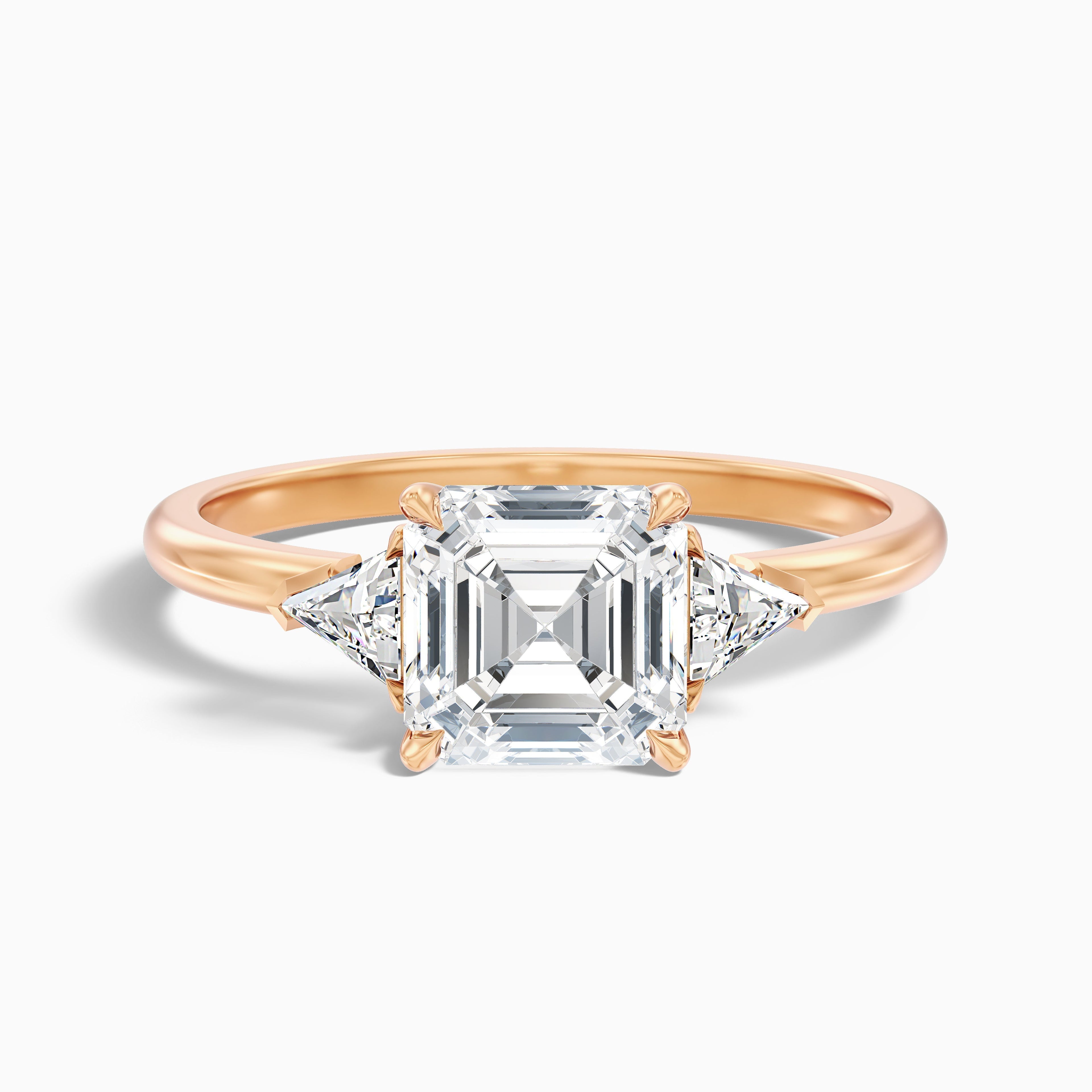 Kora 2.5 Carat Three Stone Asscher With Trillion Side Stones Moissanite Diamond Ring in 18k Rose Gold