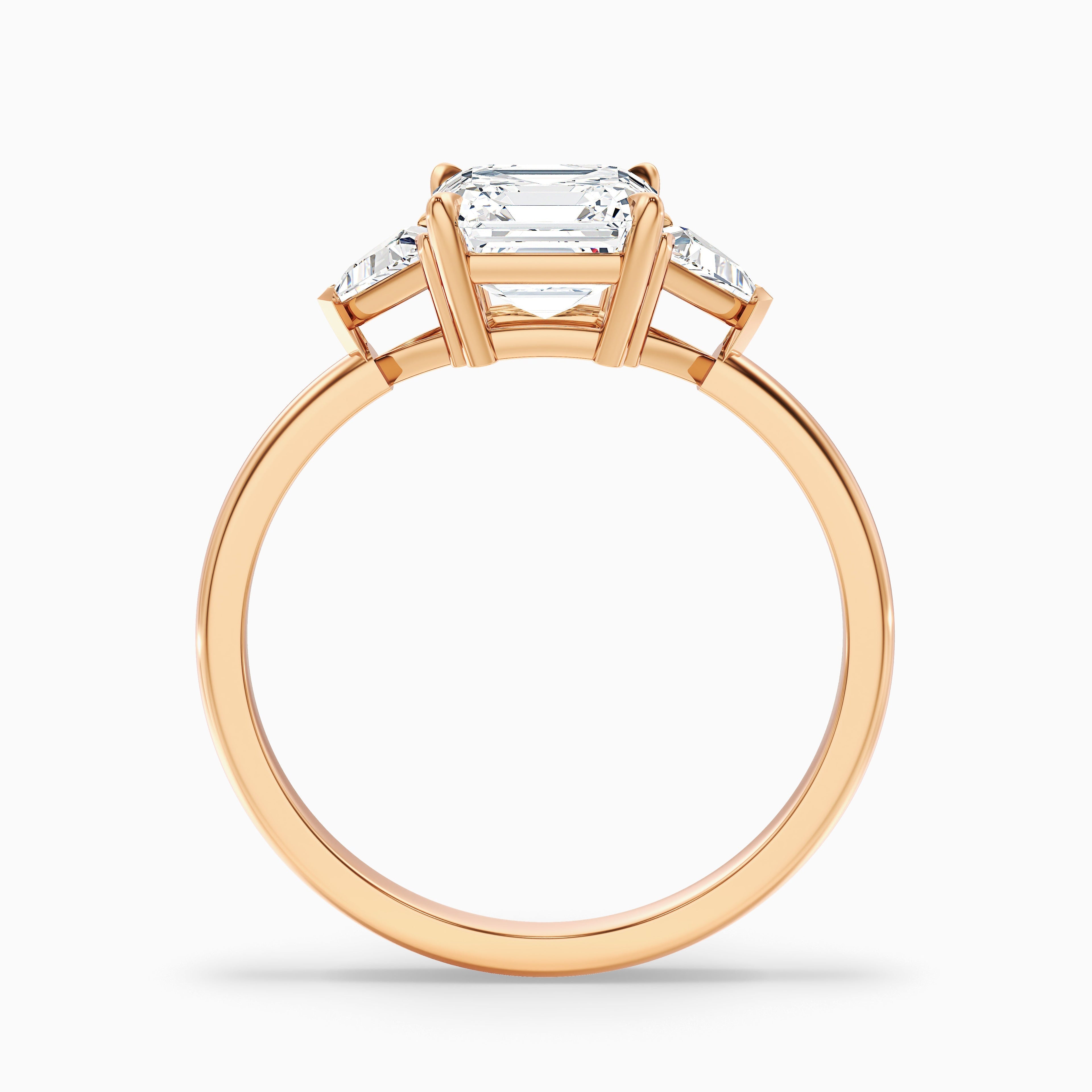 Kora 2.5 Carat Three Stone Asscher With Trillion Side Stones Moissanite Diamond Ring in 14k Yellow Gold