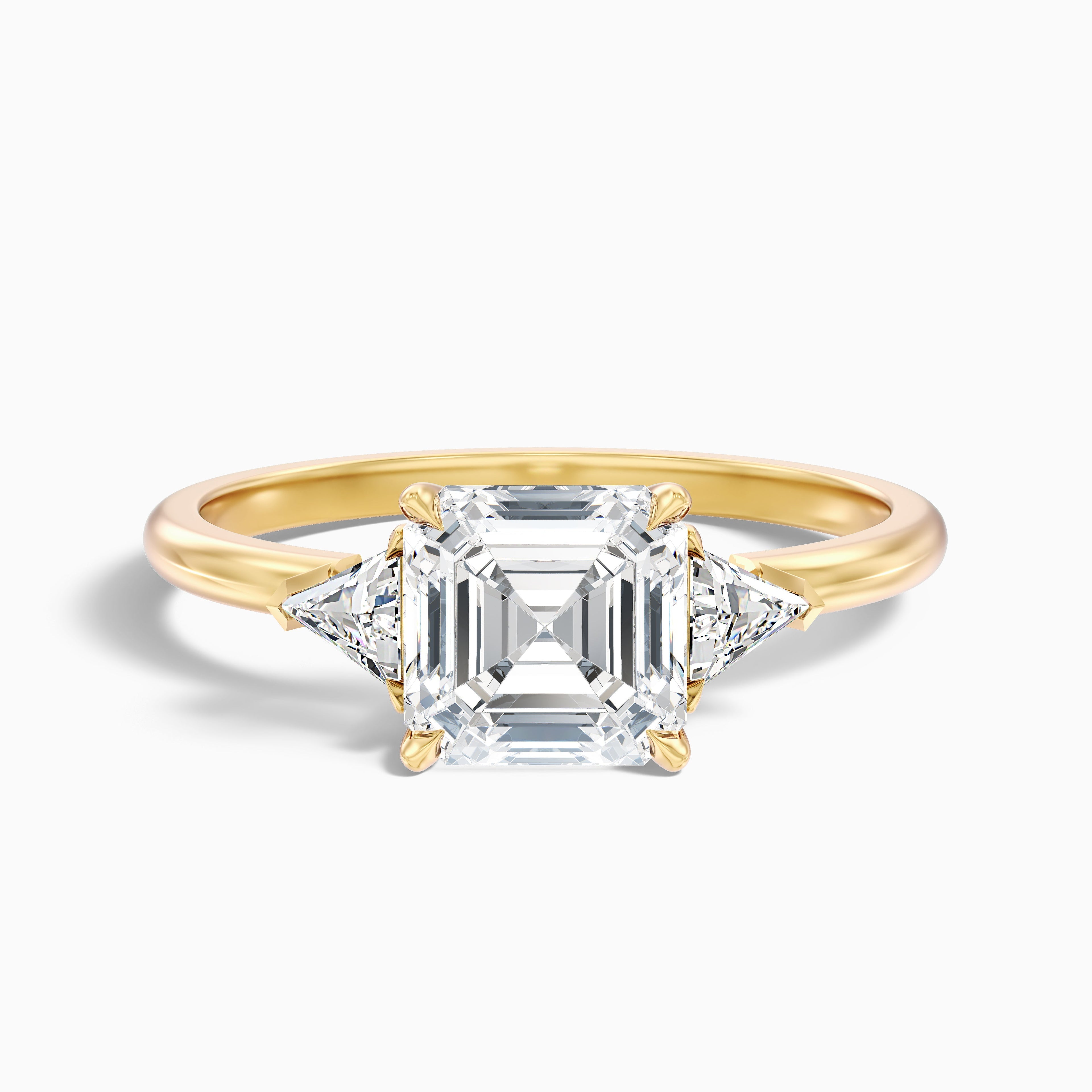 Kora 3.5 Carat Three Stone Asscher With Trillion Side Stones Moissanite Diamond Ring in 18k Rose Gold