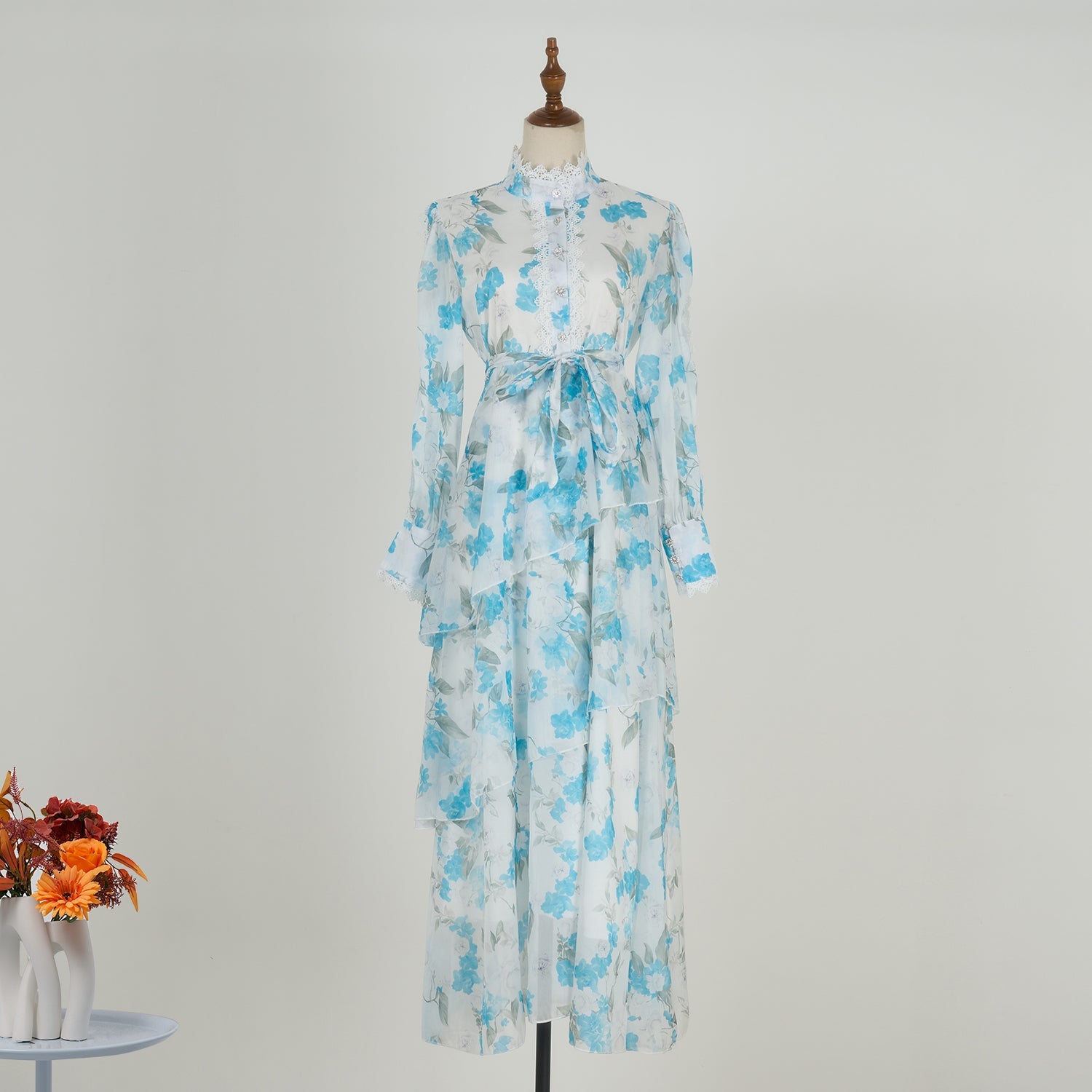 Women Spring And Autumn Long Sleeve Printed Buttons Of The Belt Dress by Ragazza
