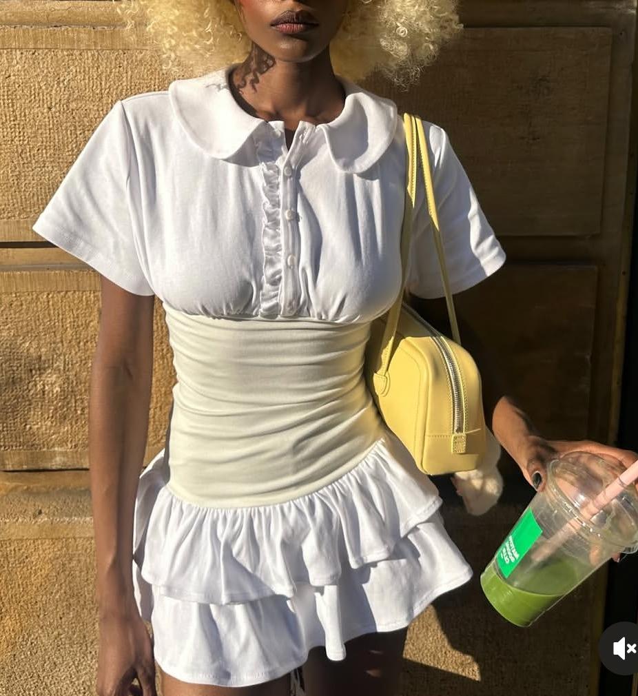 Same as Bloggers Doll Collar Fungus Drop Shoulder Short Sleeve Contrast Color Layer Waist Trimming Short Slim Fit Dress by Ragazza