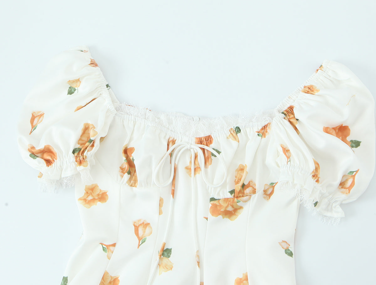 French Sweet Printed Design Puff Sleeve Tube Top Lace Stitching Tied A line Dress Short for Women by Ragazza