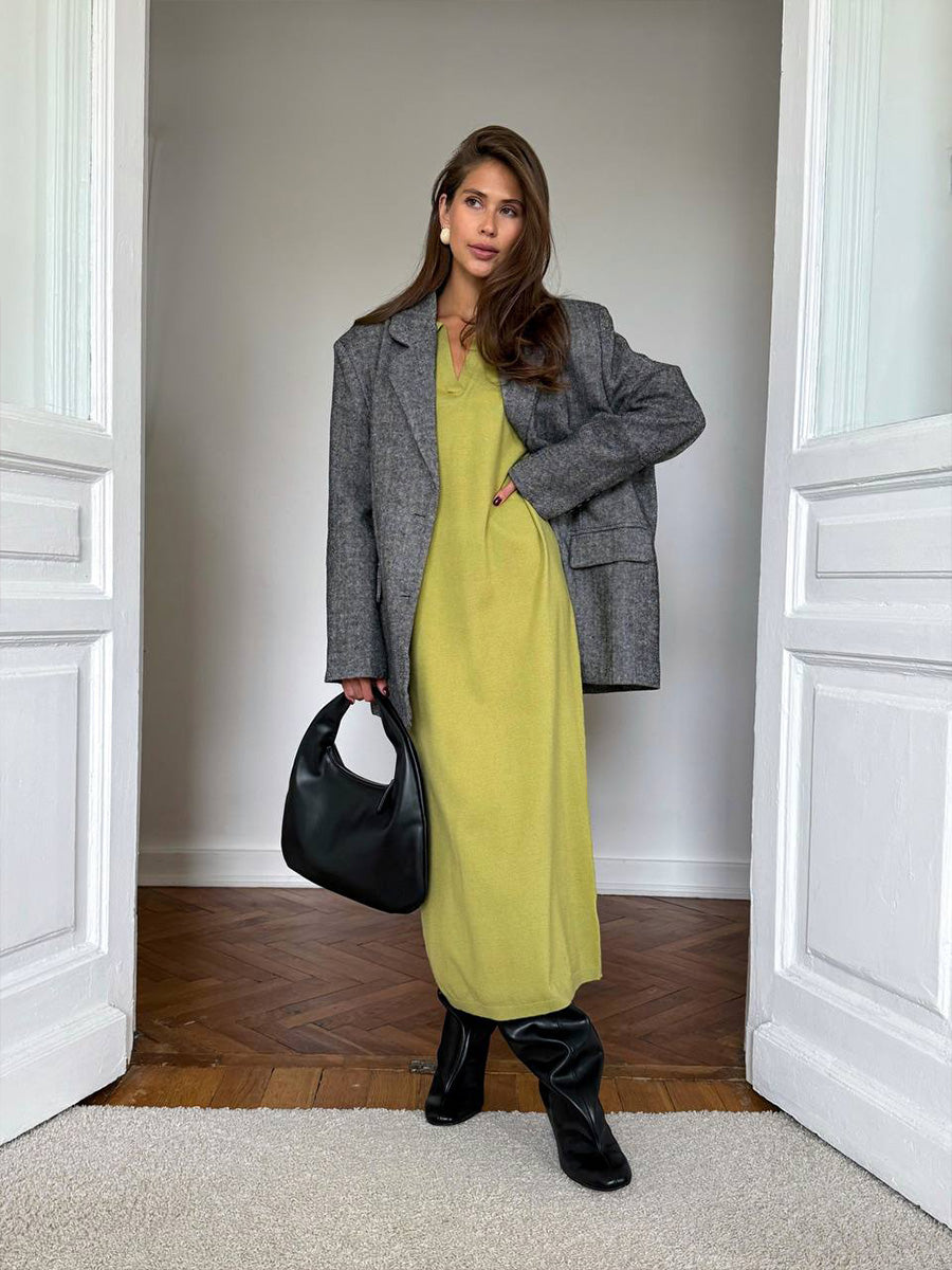 Fall Winter Scissors Collar Soft Woolen Long Elegant All Match Loose Maxi Dress by Ragazza