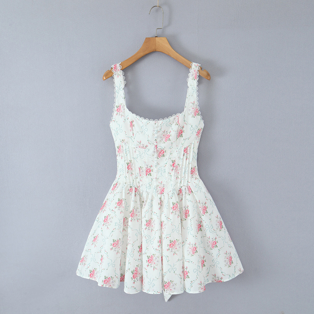 House Same Sweet Rose Print Bowknot Decoration Pleated Lace Waist Slip Dress Women Dress by Ragazza