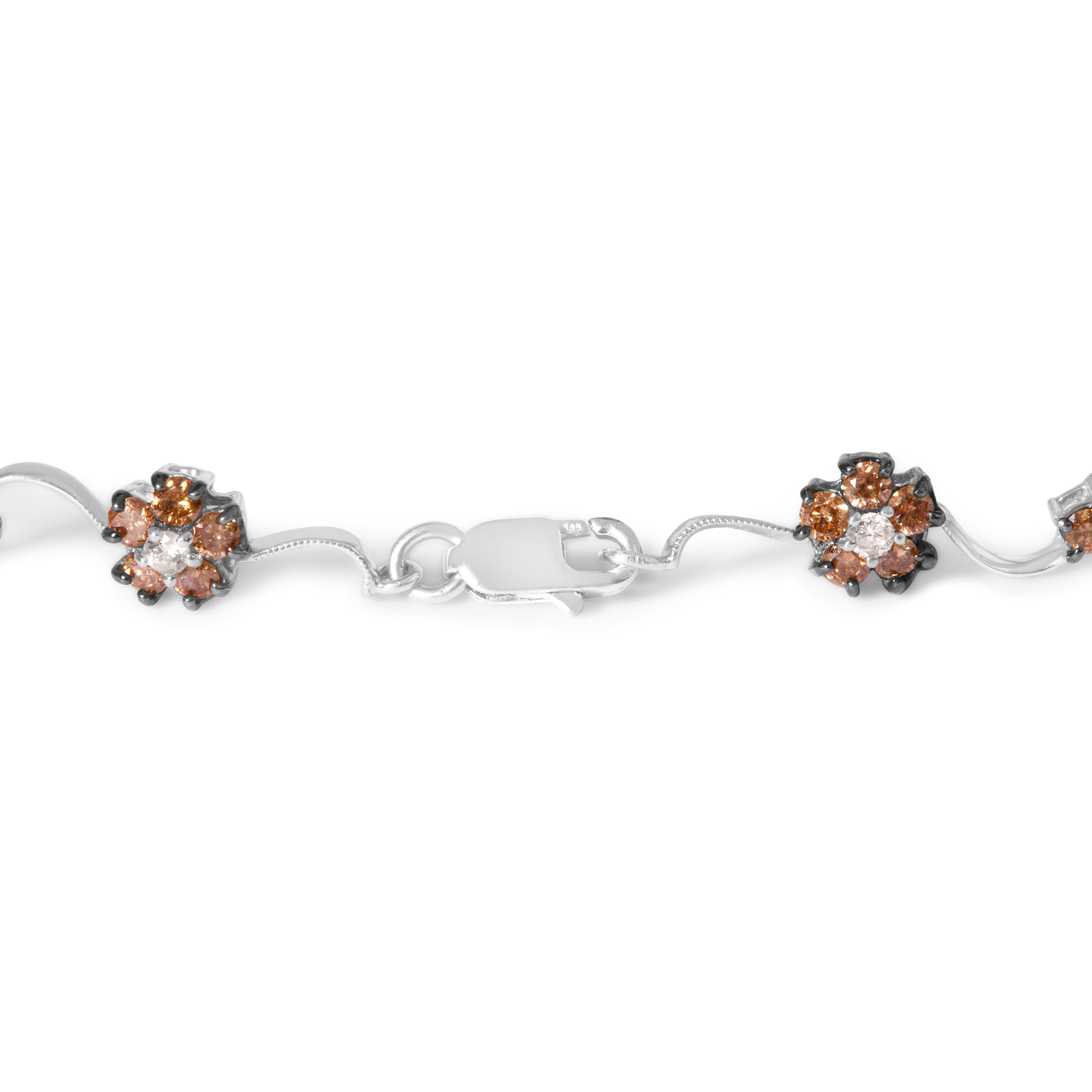 10K White Gold 4.0 Cttw Champagne and White Diamond Floral Cluster and Station Link Bracelet (H-I Color, SI2-I1 Clarity) - 7" Inches by Bids.com