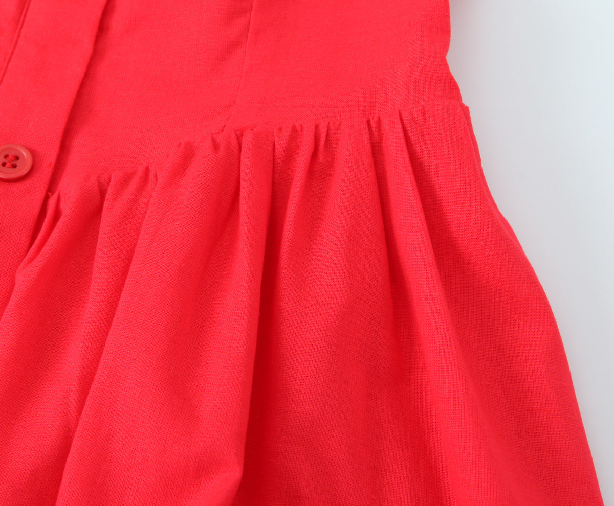 French Slim Fit Retro Red Cotton Linen Halter Large Swing Sexy Low Cut Cinched Slimming Dress by Ragazza