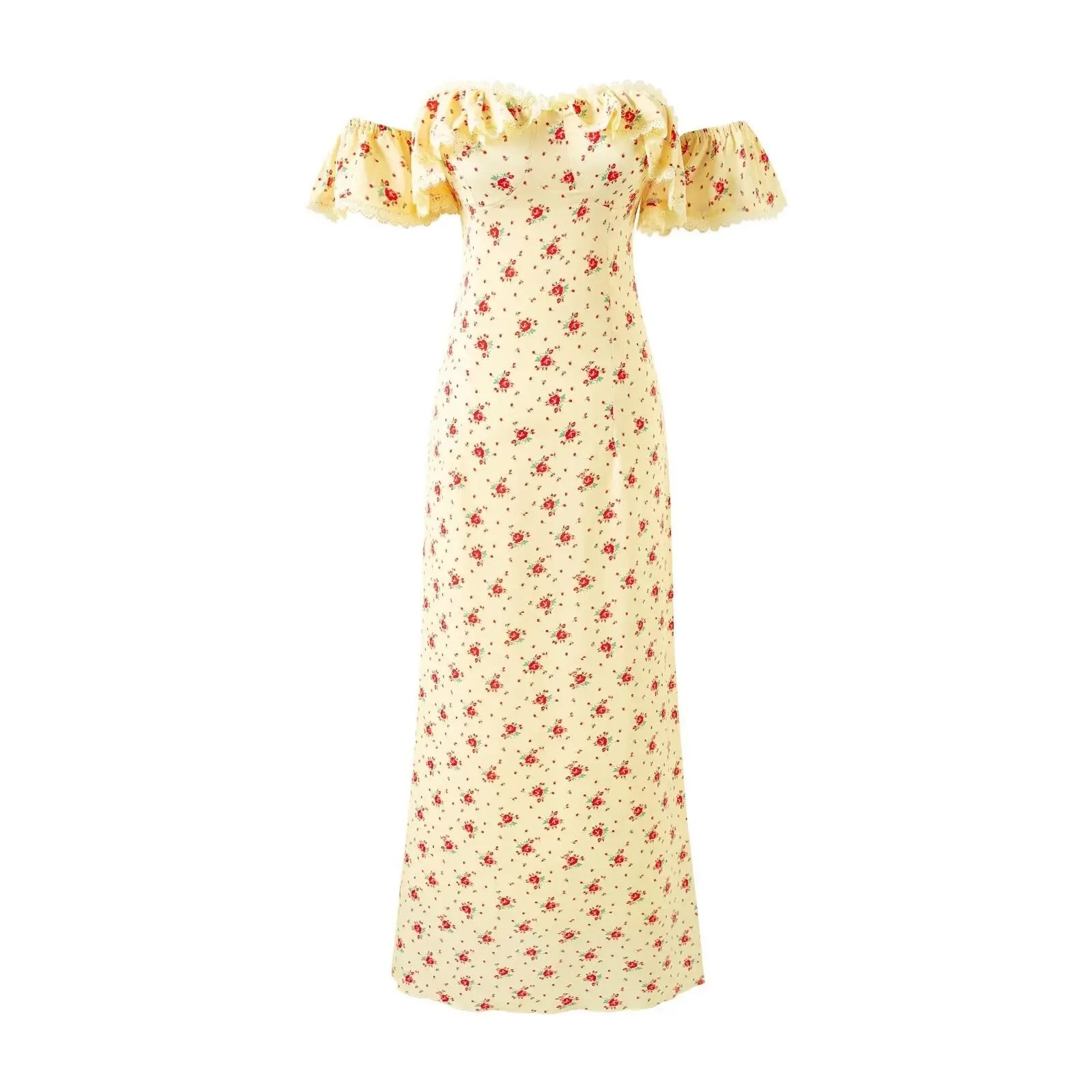 Romantic Floral Flounce Lace Tube Top Cinched Waist Slim Fit Dress Women Summer Seaside Holiday Maxi Dress