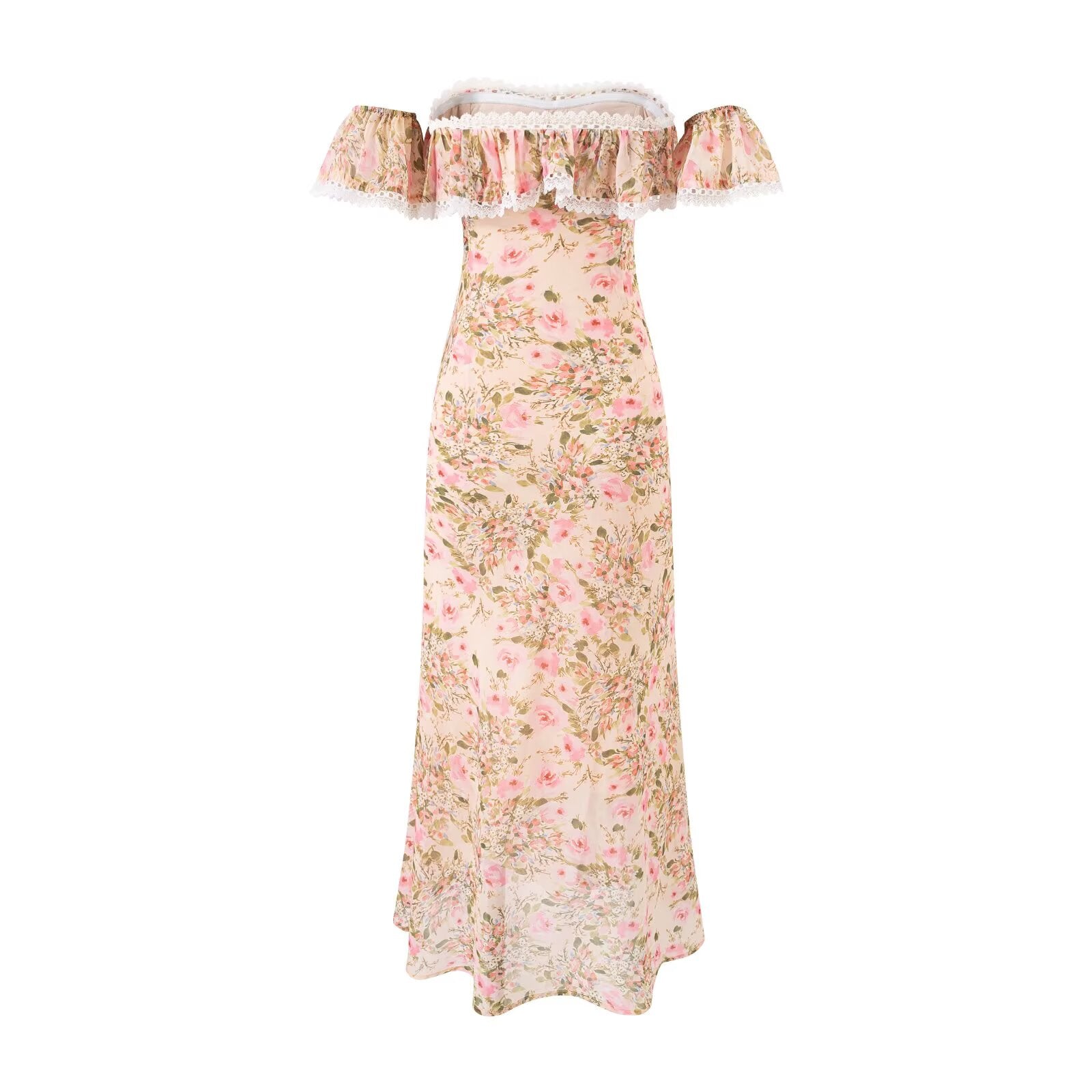 Gentle off Neck Ruffled Floral Dress Fishtail Summer Waisted Slim Fit Package Hip Long Women by Ragazza