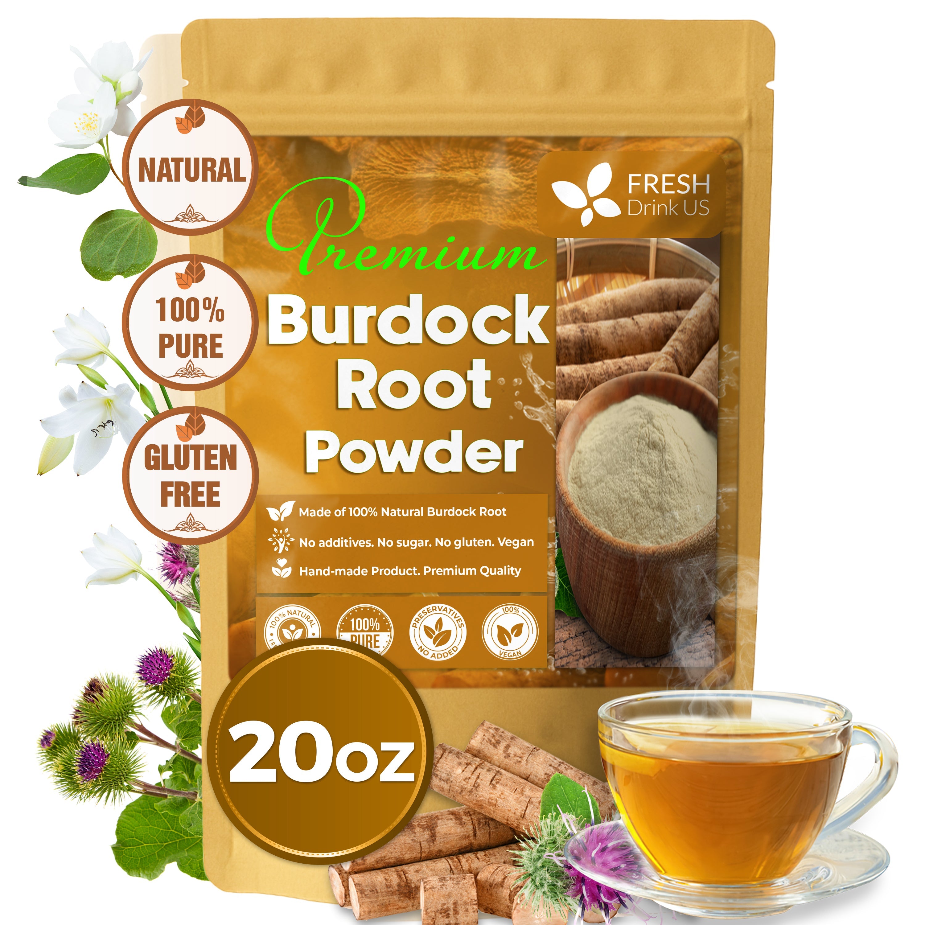 Burdock Root Powder, Burdock Root Extract, 100% Natural & Pure from Burdock Root, Burdock Root Herbal Tea, No Additives, No Caffeine, Vegan by FreshDrinkUS - Natural and Premium Herbal Tea