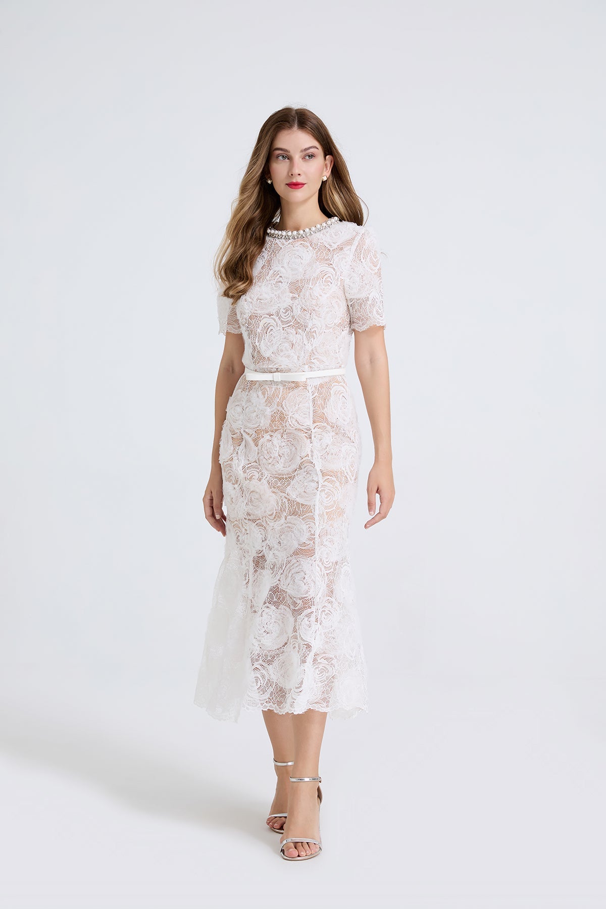 Women Sheer Lace Beaded Rhinestone Studded Fitted Fishtail Dress by Ragazza