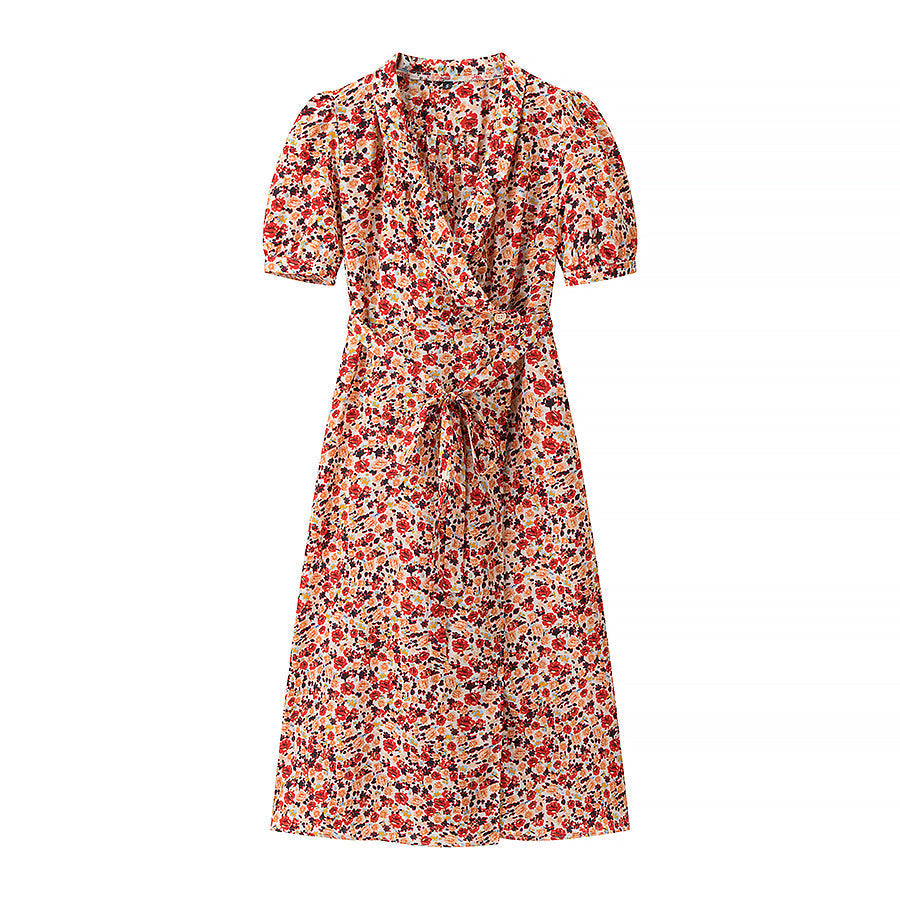 Women Clothing V neck Short Sleeve Lace up Niche Dress