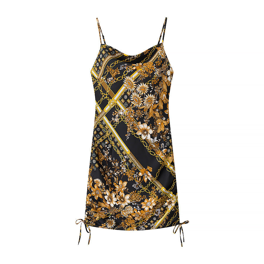 Women Side Drawstring Printing Slip Dress by Ragazza