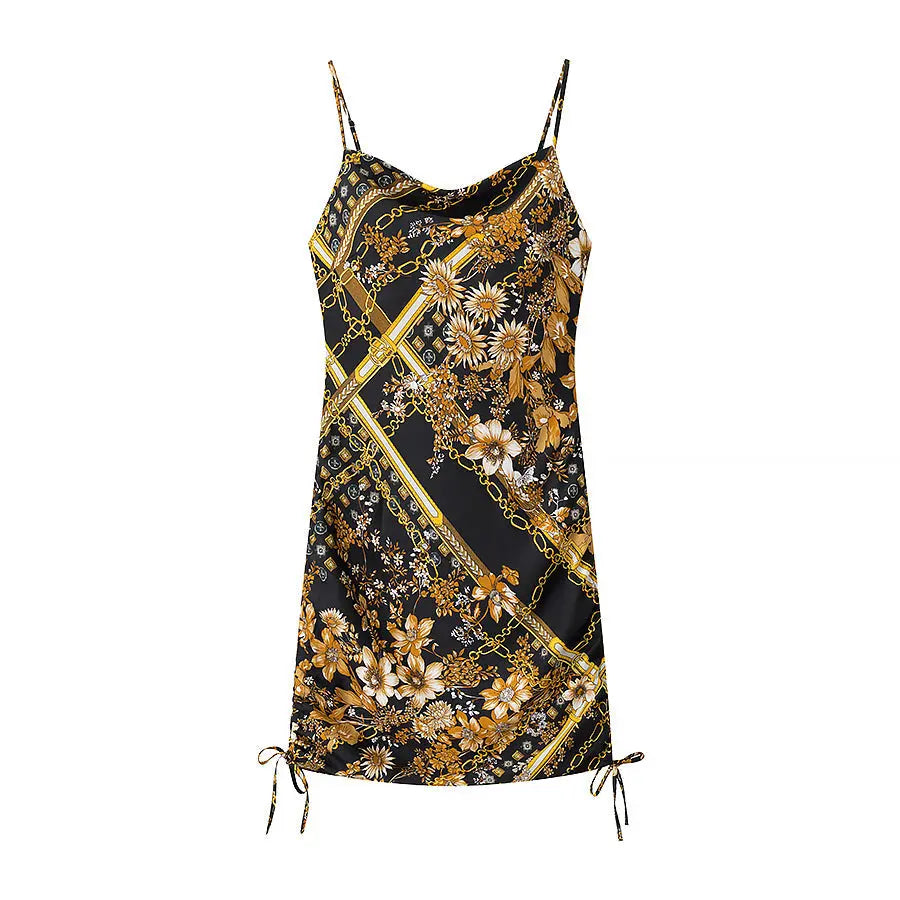 Women Side Drawstring Printing Slip Dress