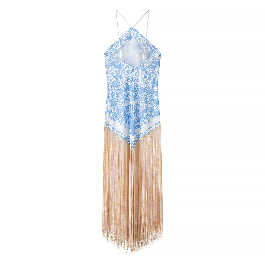 Fall Women Clothing Simple Halter Glossy Tassel Dress by Ragazza