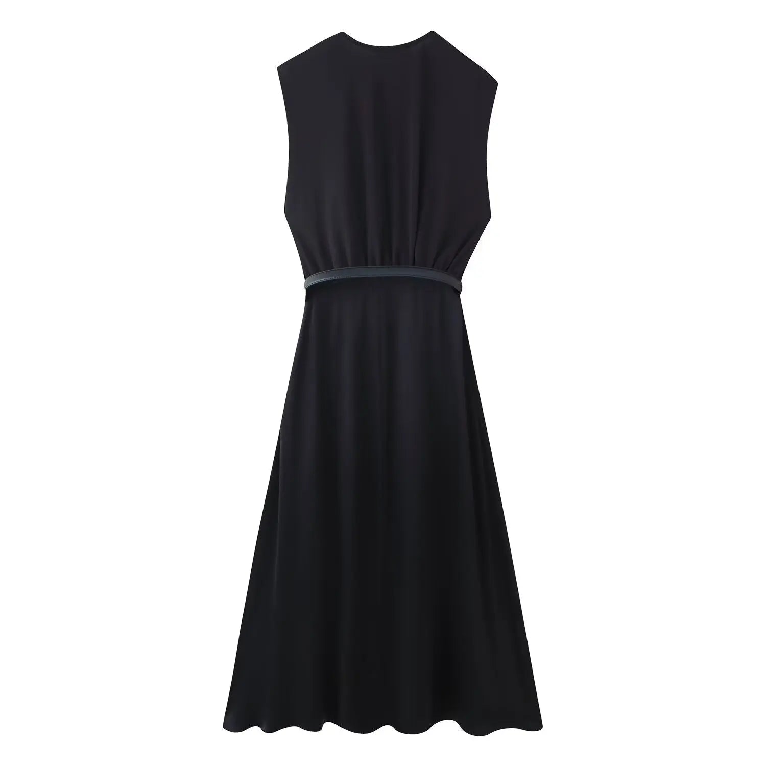 Summer Women Casual Slimming Solid Color V neck with Belt Stitching Midi Dress