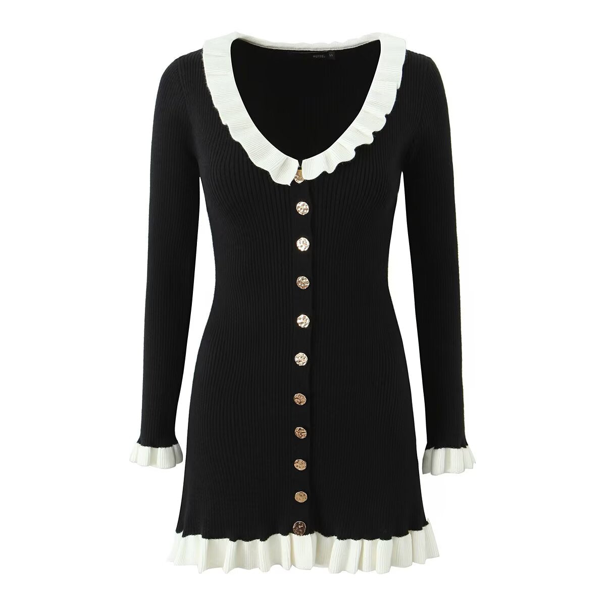 French Retro Debutante Lotus Collar Long Sleeve Dress Women Design Stitching Contrast Color Slim Fit Knitted by Ragazza