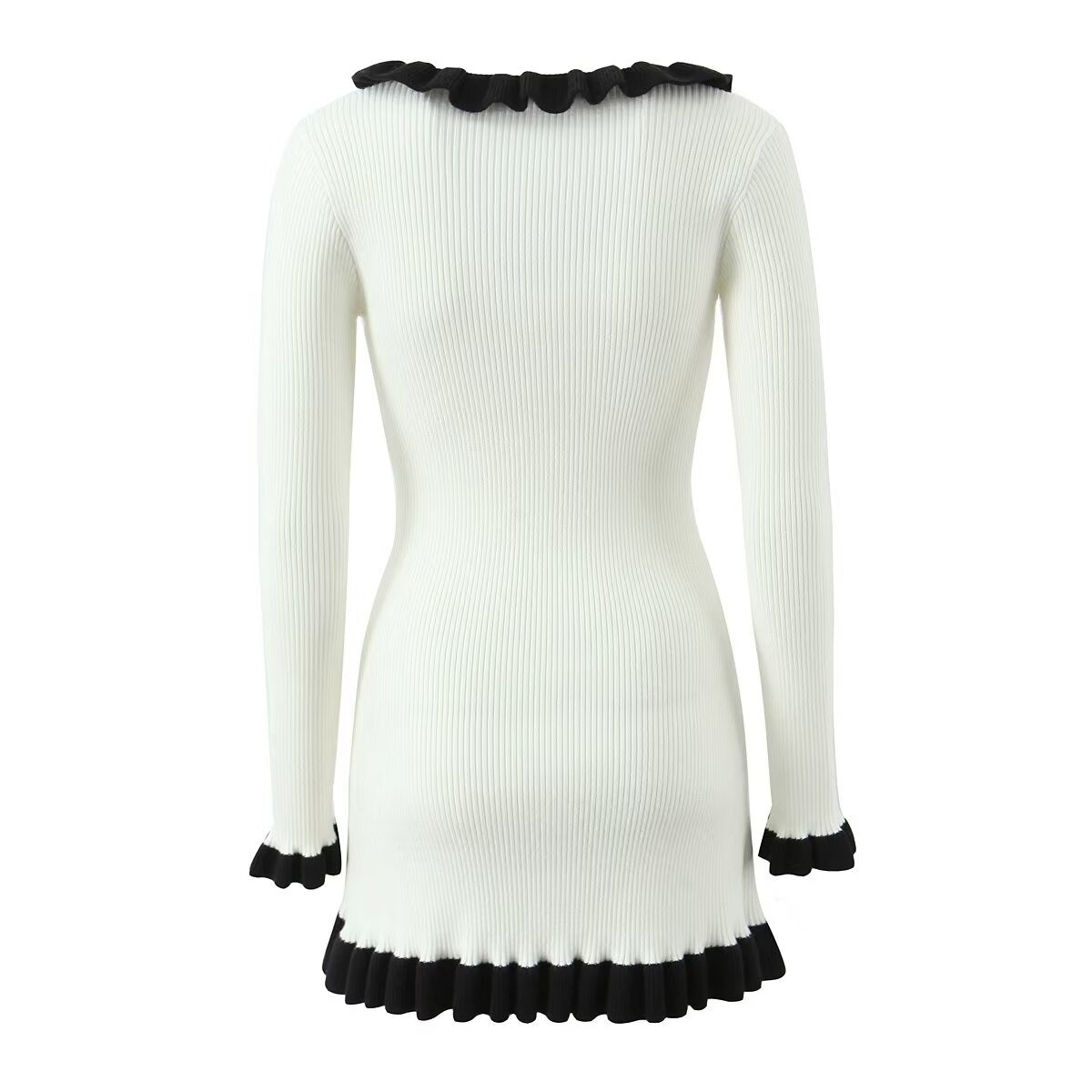 French Retro Debutante Lotus Collar Long Sleeve Dress Women Design Stitching Contrast Color Slim Fit Knitted by Ragazza